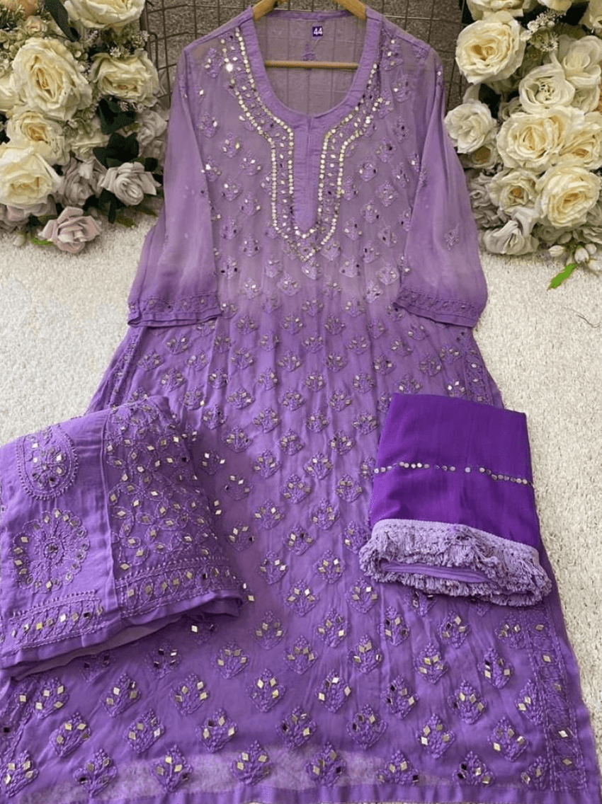 fitted lace wedding dress Modal Silk Chikankari Long Flared Gown main image 0