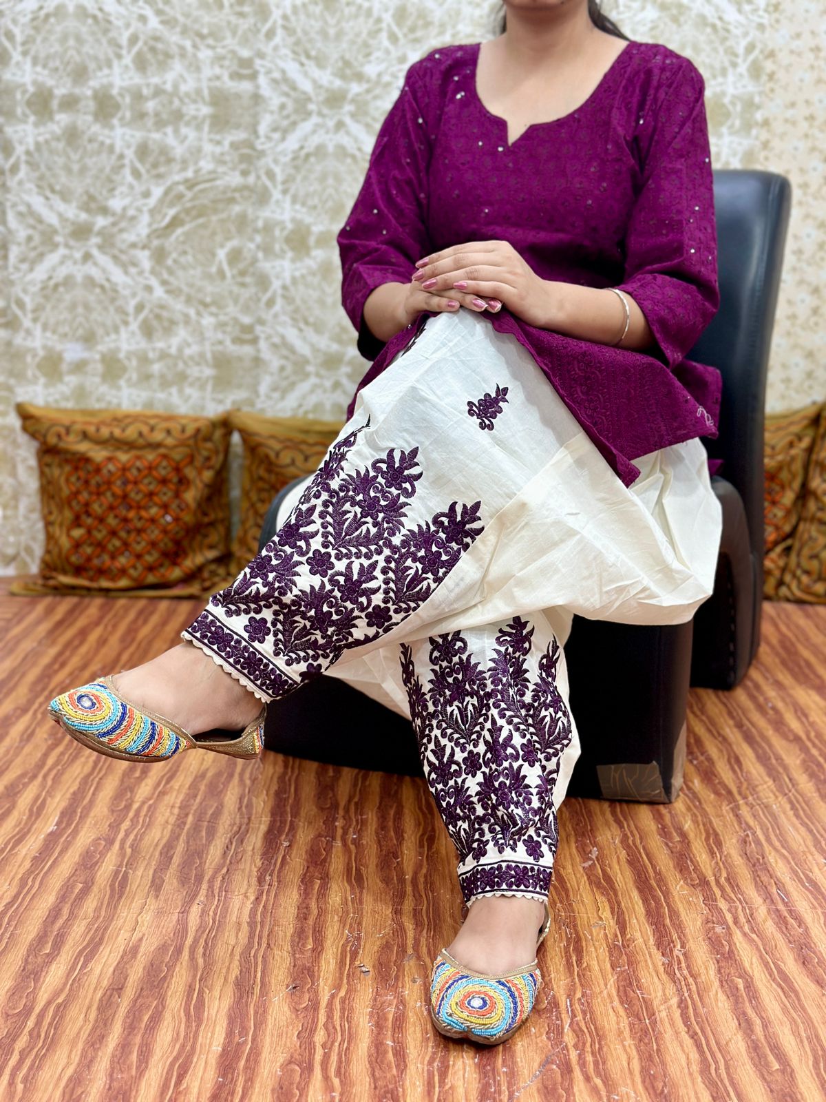 Wine Design - 1 Elegant Patiala Salwar Set with Pure Cotton Chikankari Kurti