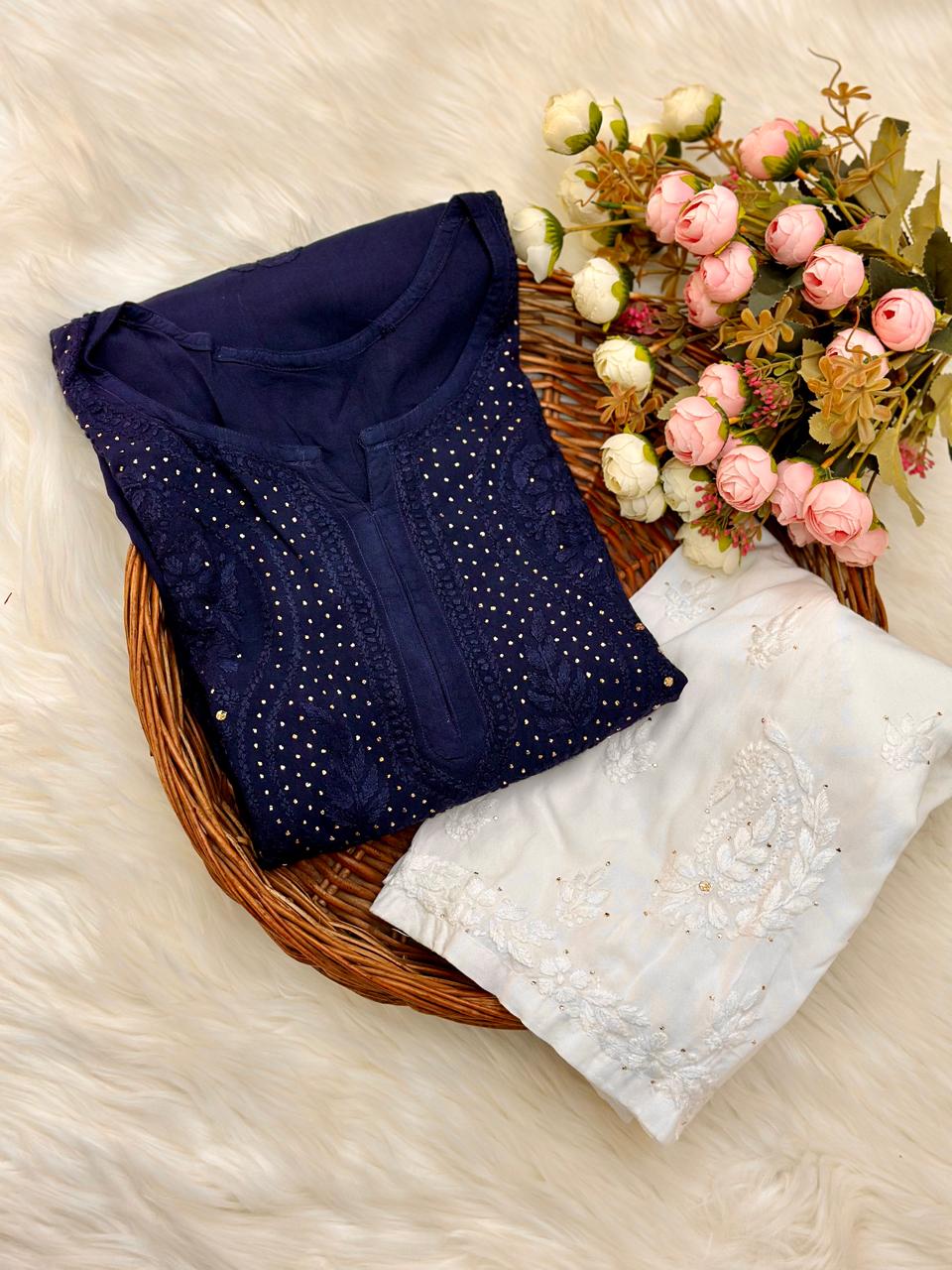 Navy Blue Elegant Lucknowi Chikankari Rayon Mukaish Kurti & Pallazo Set โจ (Up to 5XL)