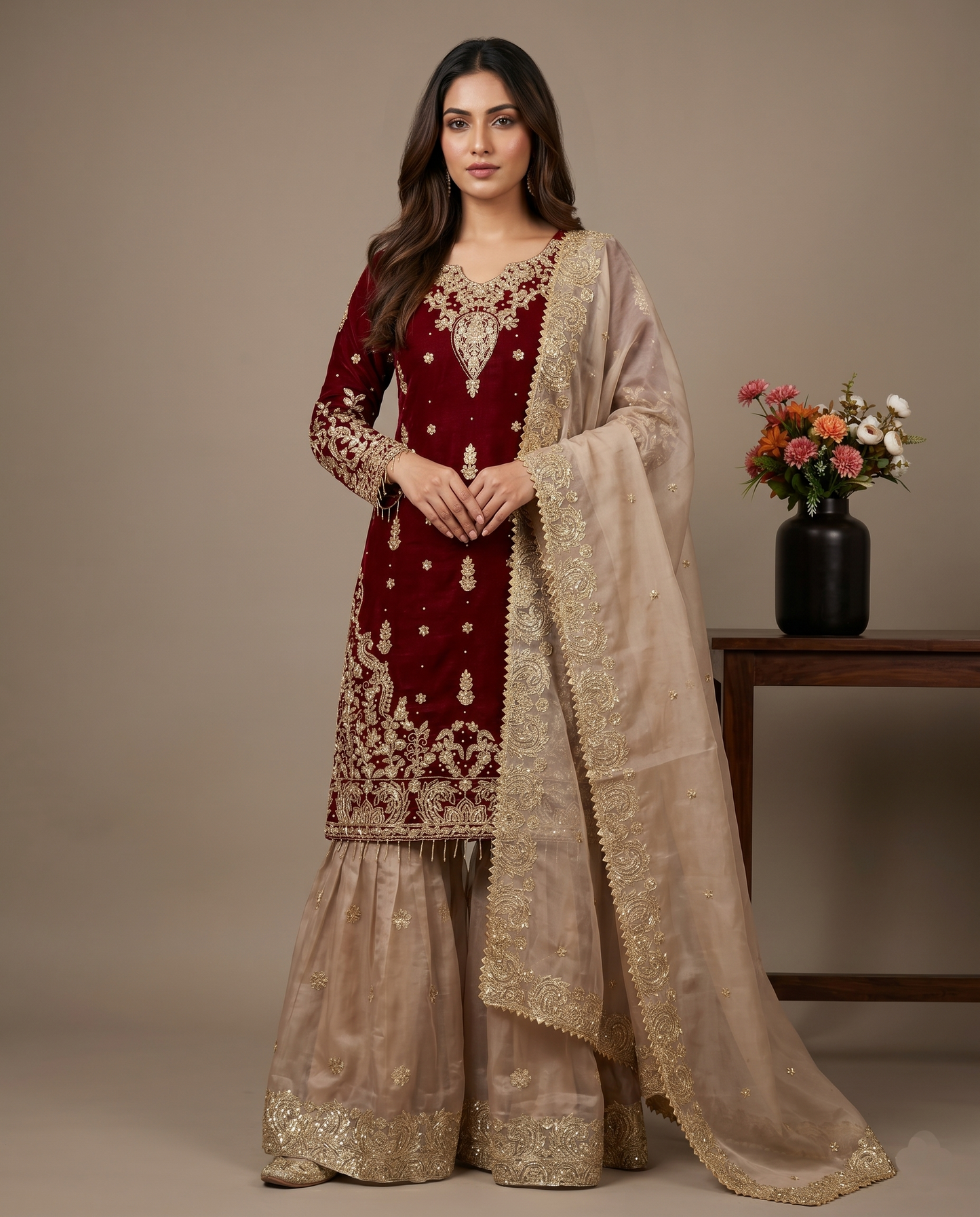Elegant Designer Maroon Beige Readymade Salwar Suit