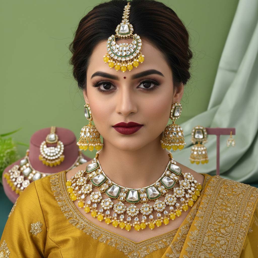 Classic Yellow Kundan Bridal Necklace Set with Maang Tikka