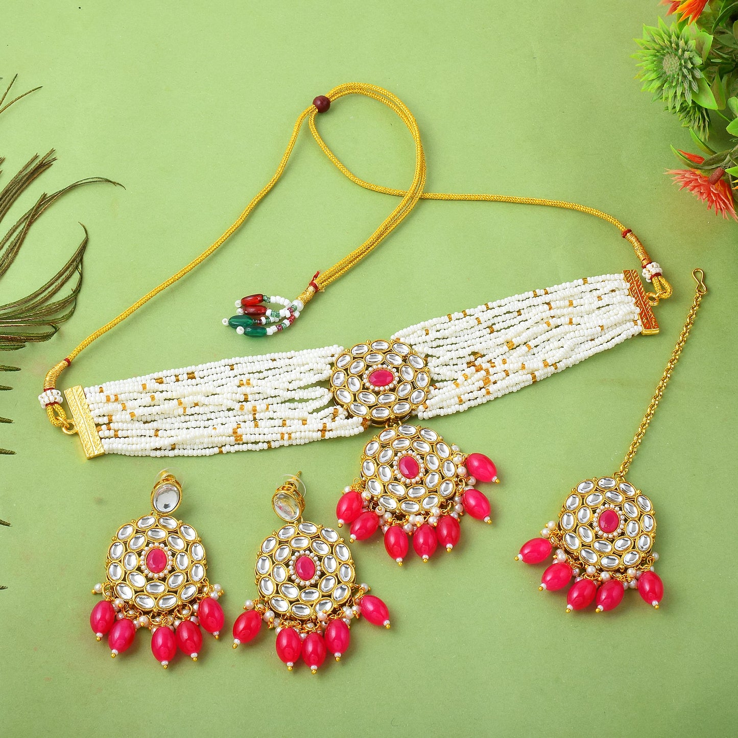Classic Premium Pink color Kundan Necklace Set with Maang Tikka