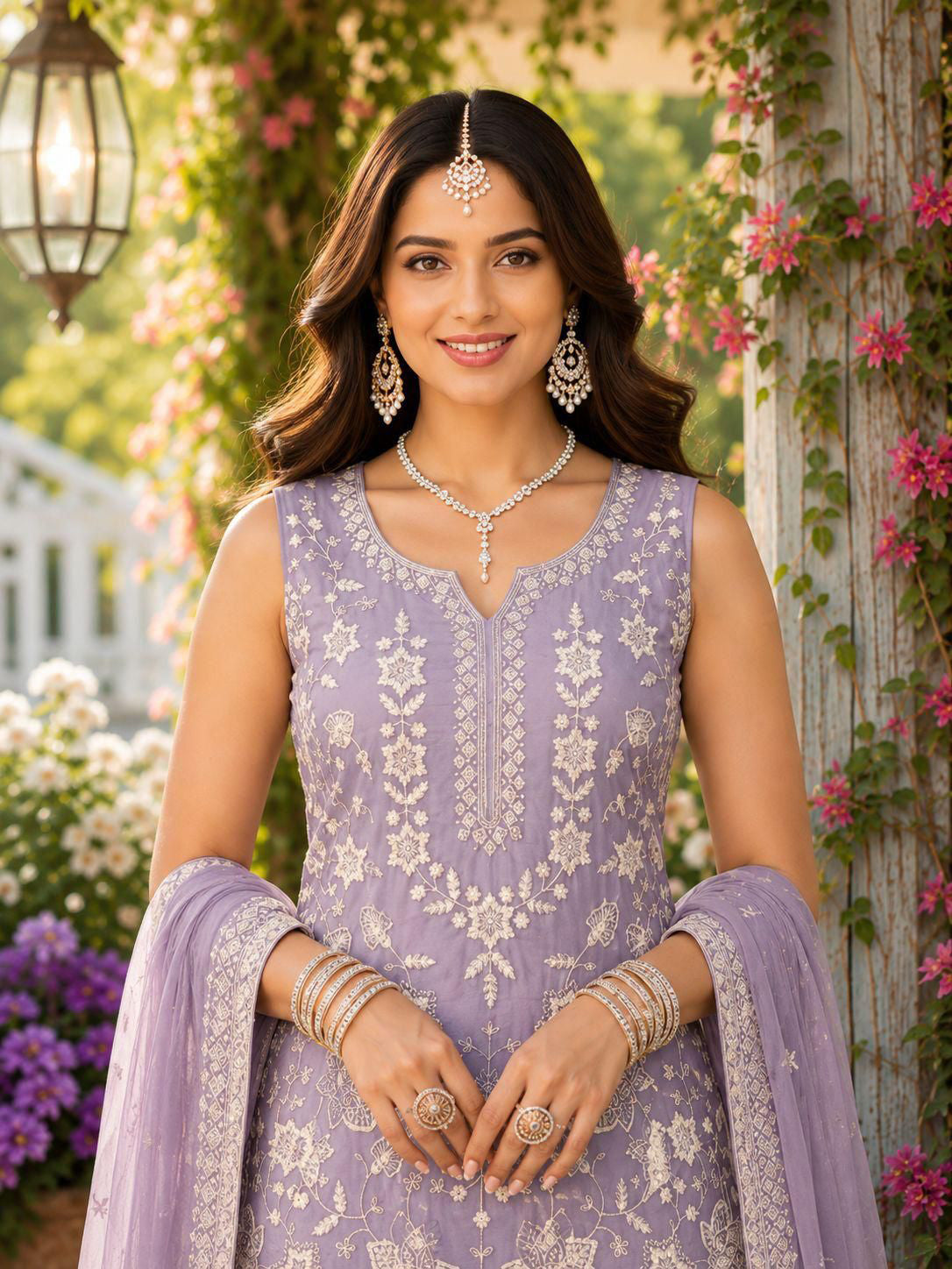 Elegant Designer Lavendar Readymade Chiffon Gharara Salwar Suit