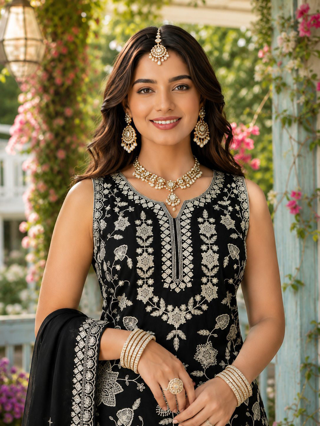 Elegant Designer Black Readymade Chiffon Gharara Salwar Suit