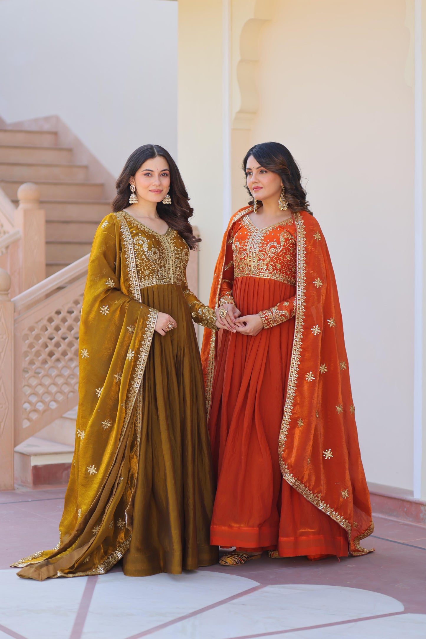 Vermilion Fendi Fabric Gown for Women – Sequin Embroidered Dupatta Set