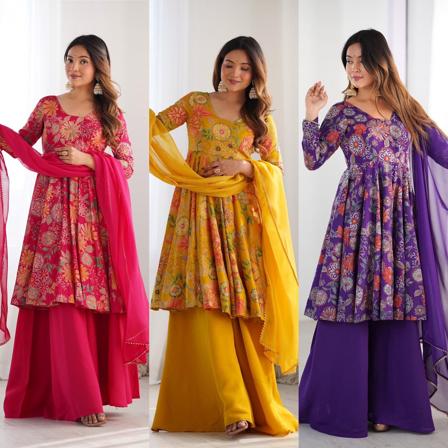 Purple Roman silk Chanderi Print Kurta Set with Dupatta & Palazzo