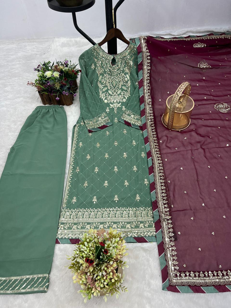 Green Zaina Handwork Georgette Palazzo Set with Contrast Maroon Dupatta