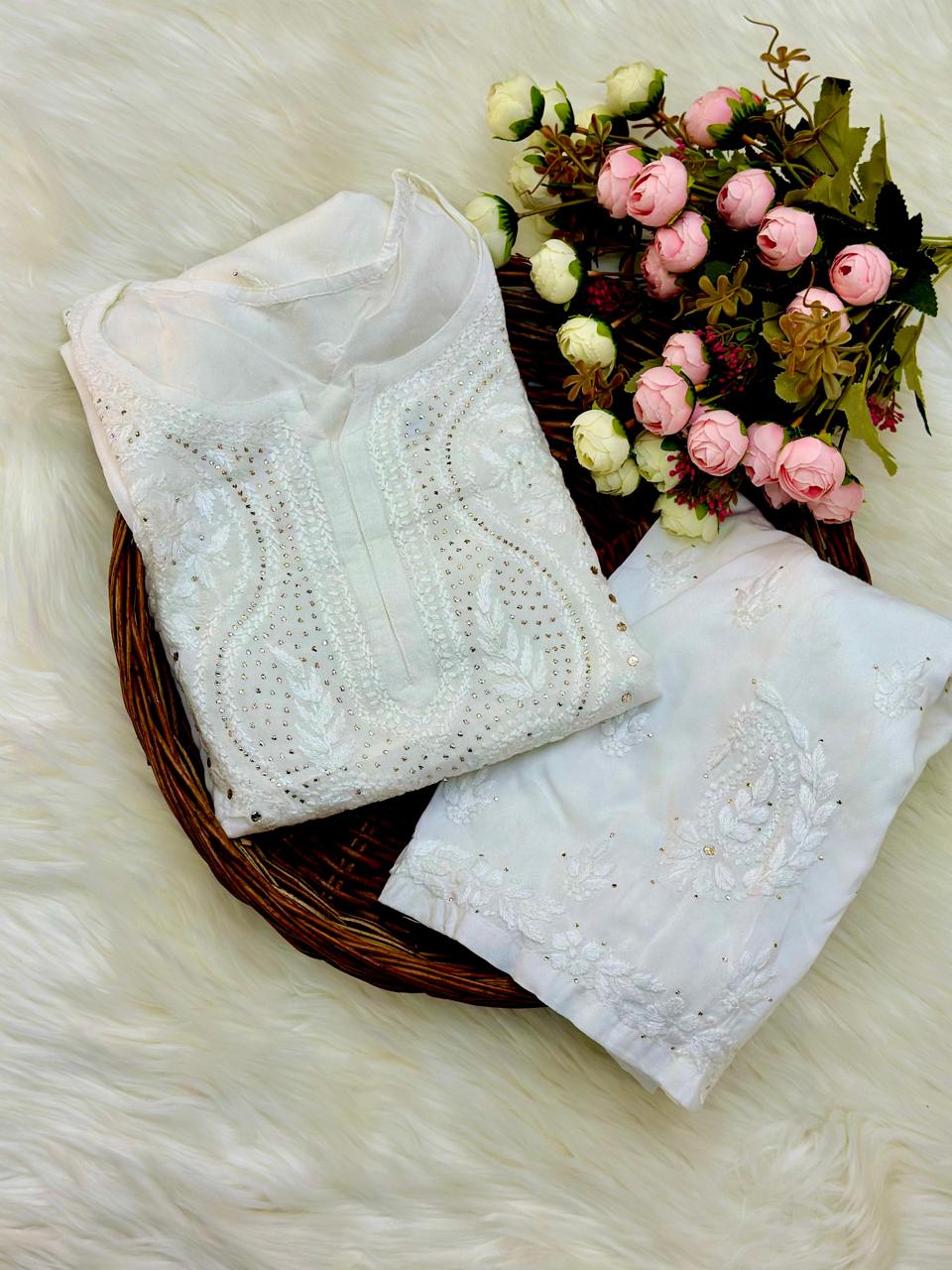 White Elegant Lucknowi Chikankari Rayon Mukaish Kurti & Pallazo Set โจ (Up to 5XL)