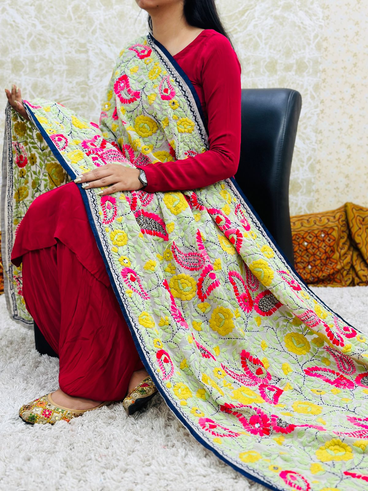 Design 9 - Georgette Red Patiala Salwar Suit with Phulkari Dupatta + Sizes