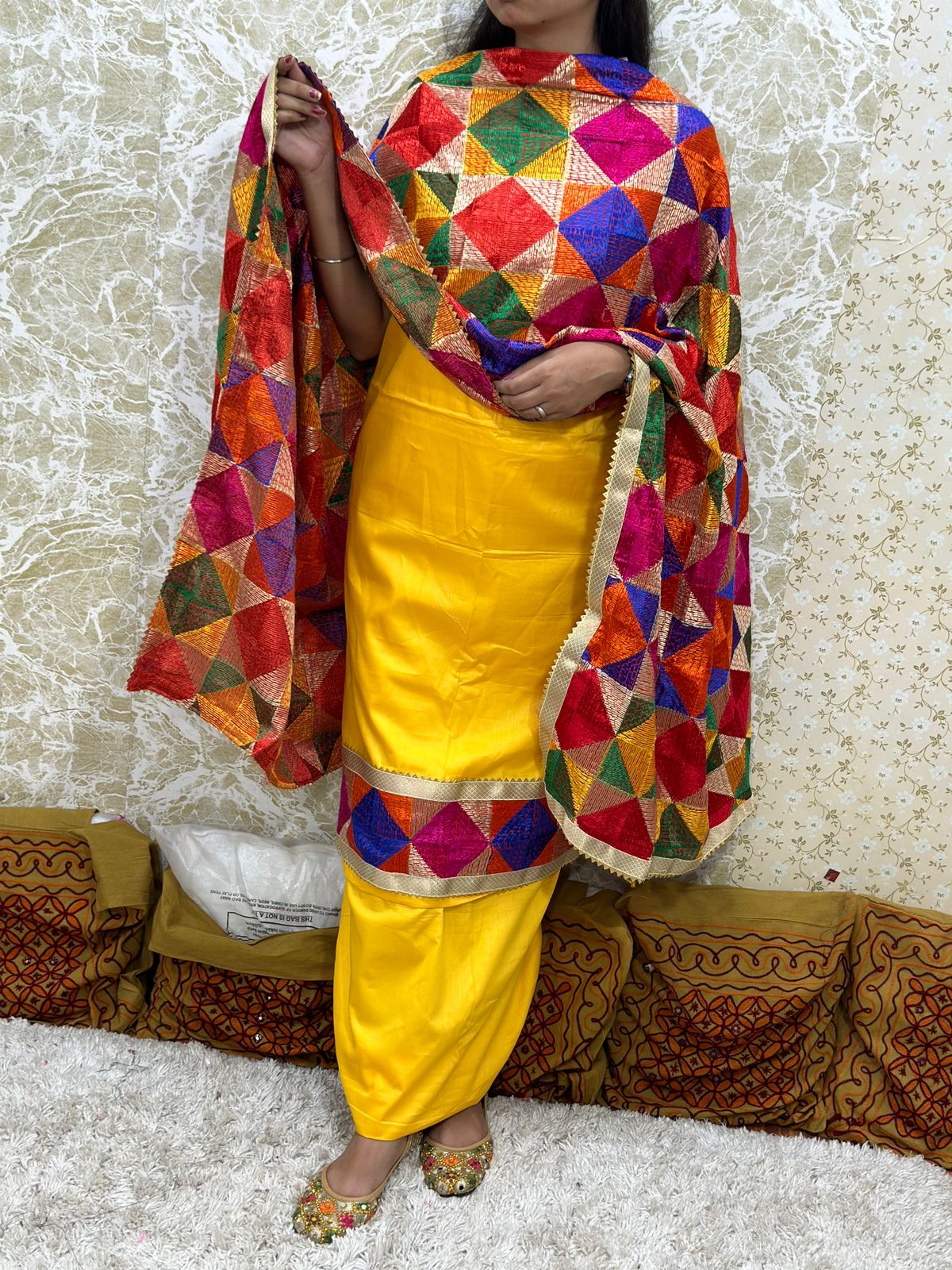 Inayakhan Yellow Phulkari Suit Set Zaam Cotton with Embroidered Chinon Dupatta Multicolor 40 Cotton