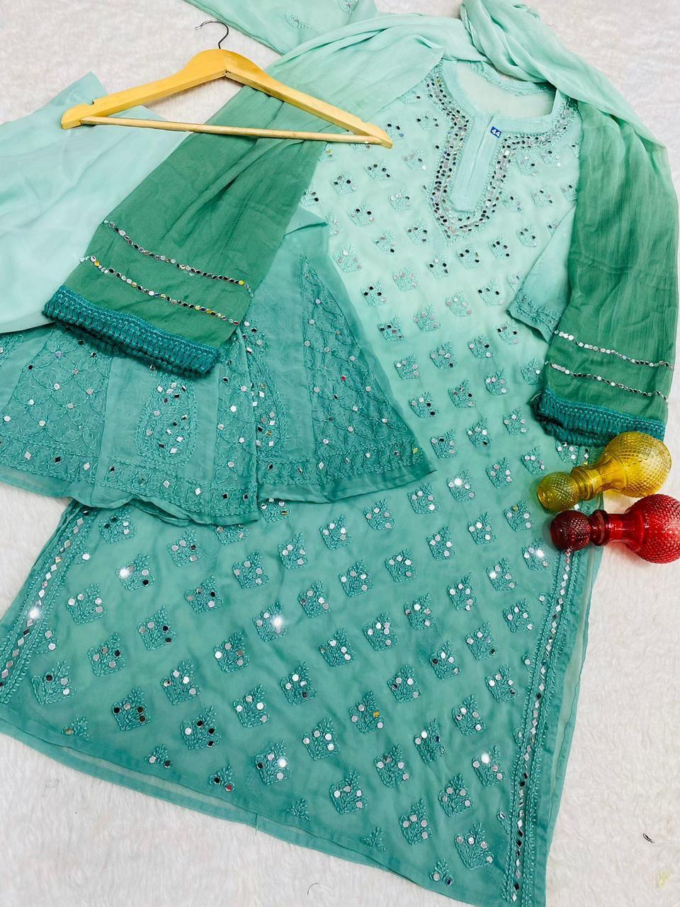 Bottle Green Chikankari Elegance Ombré Mirror Booti Jaal Set - Kurti, Sharara & Dupatta - Inayakhan Shop