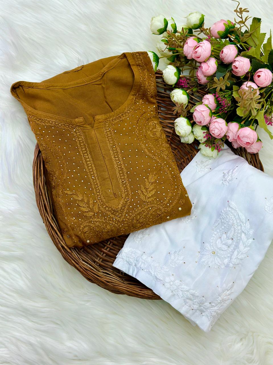 Golden Brown Elegant Lucknowi Chikankari Rayon Mukaish Kurti & Pallazo Set โจ (Up to 5XL)