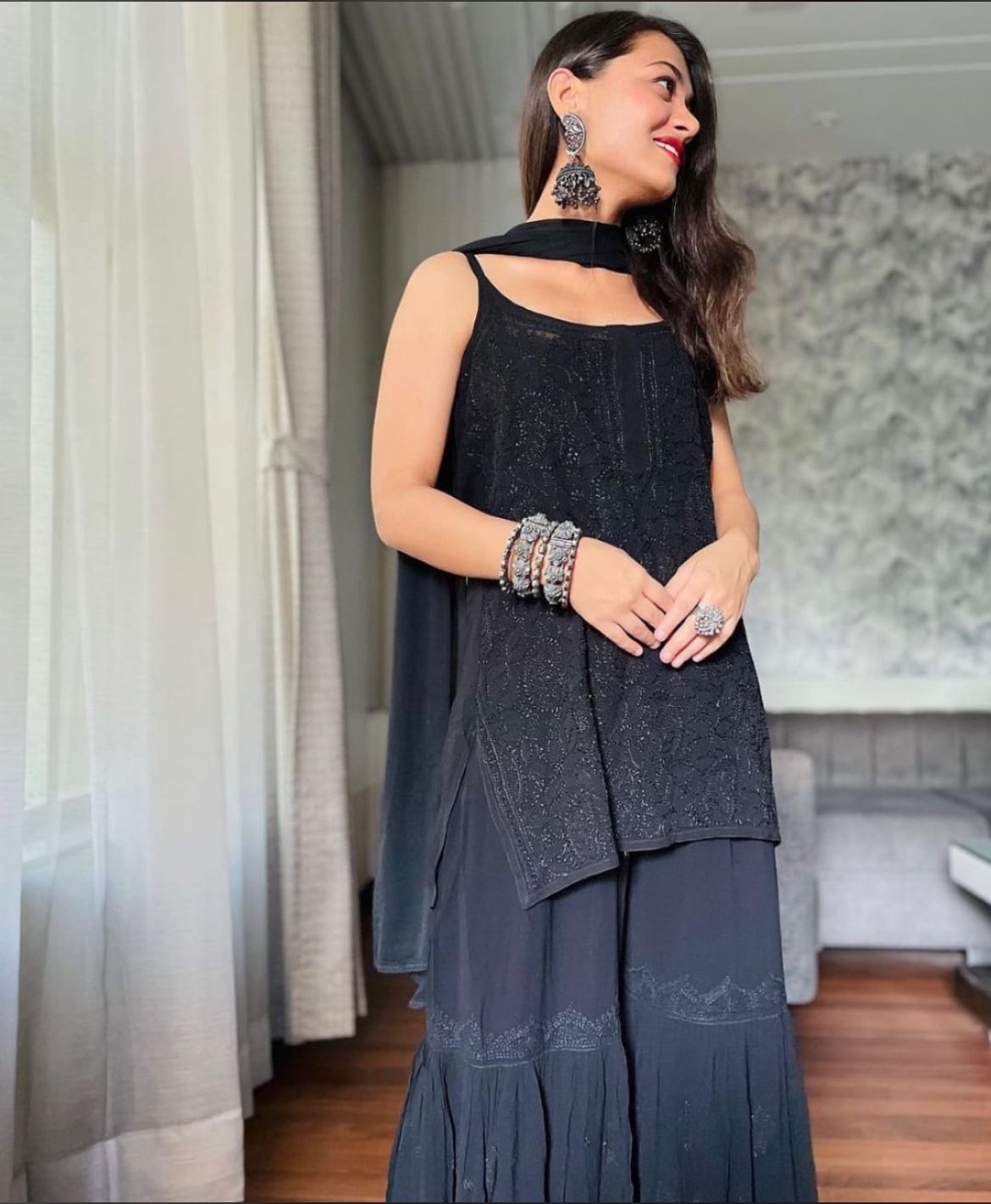 Black Handcrafted Lucknow Chikankari Strappy Gharara Set