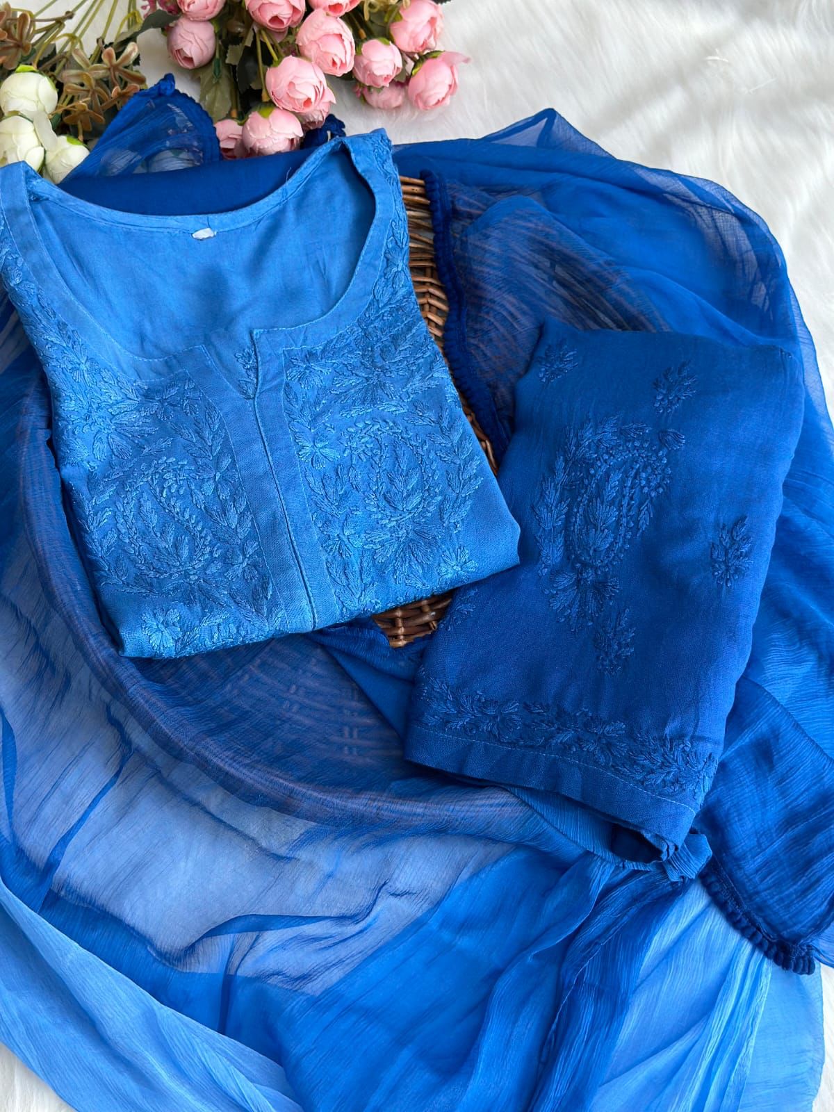 Blue Color Authentic Handcrafted Lucknowi Chikankari Rayon Kurti & Palazzo Set