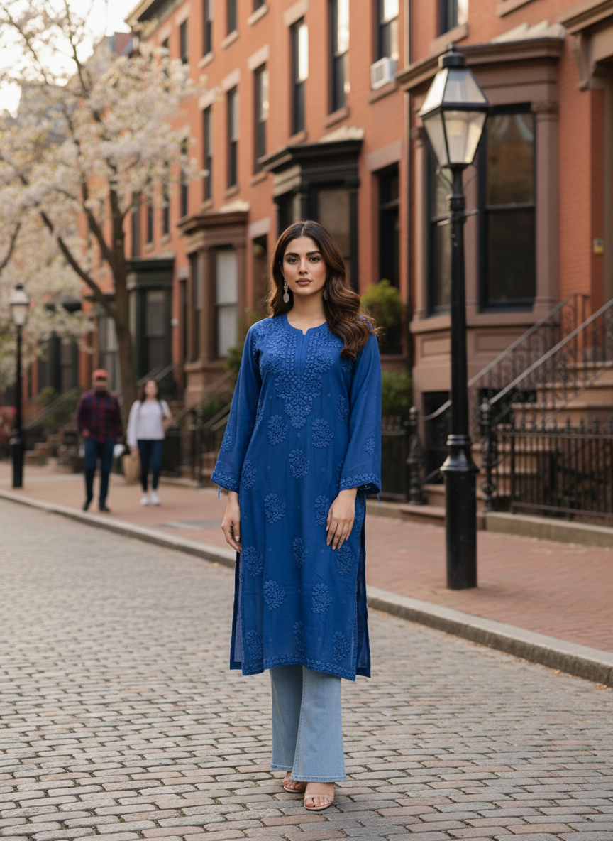 Deep Cobalt Blue 3D Handcrafted Viscose Chikankari Kurti