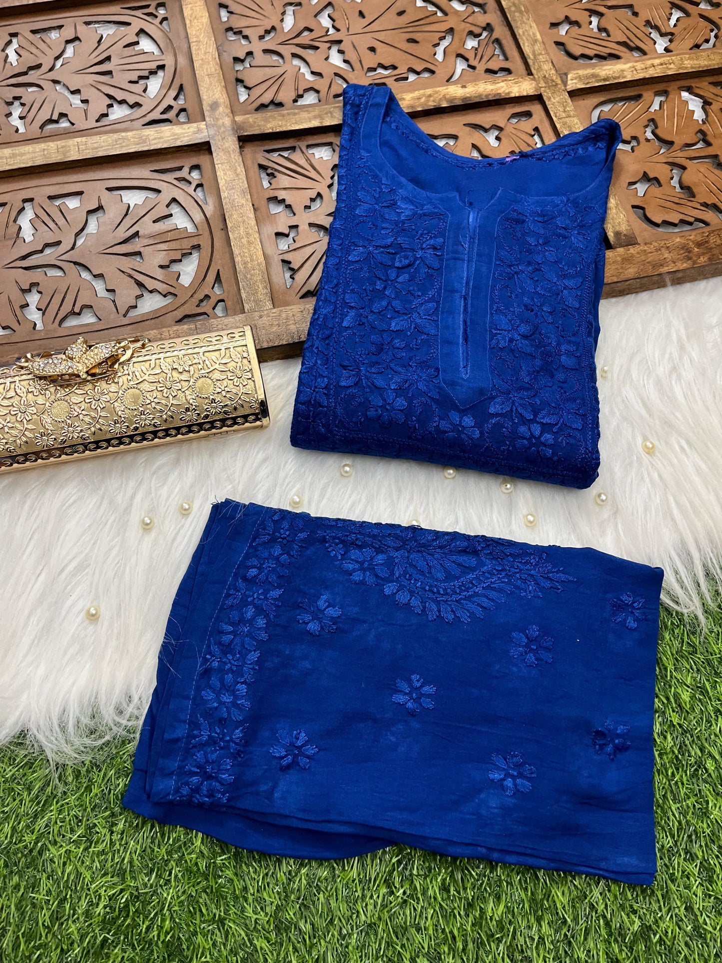 Deep Blue Premium Rayon Chikankari Kurti Palazzo Set – Lucknowi Handwork | Sizes 36–48
