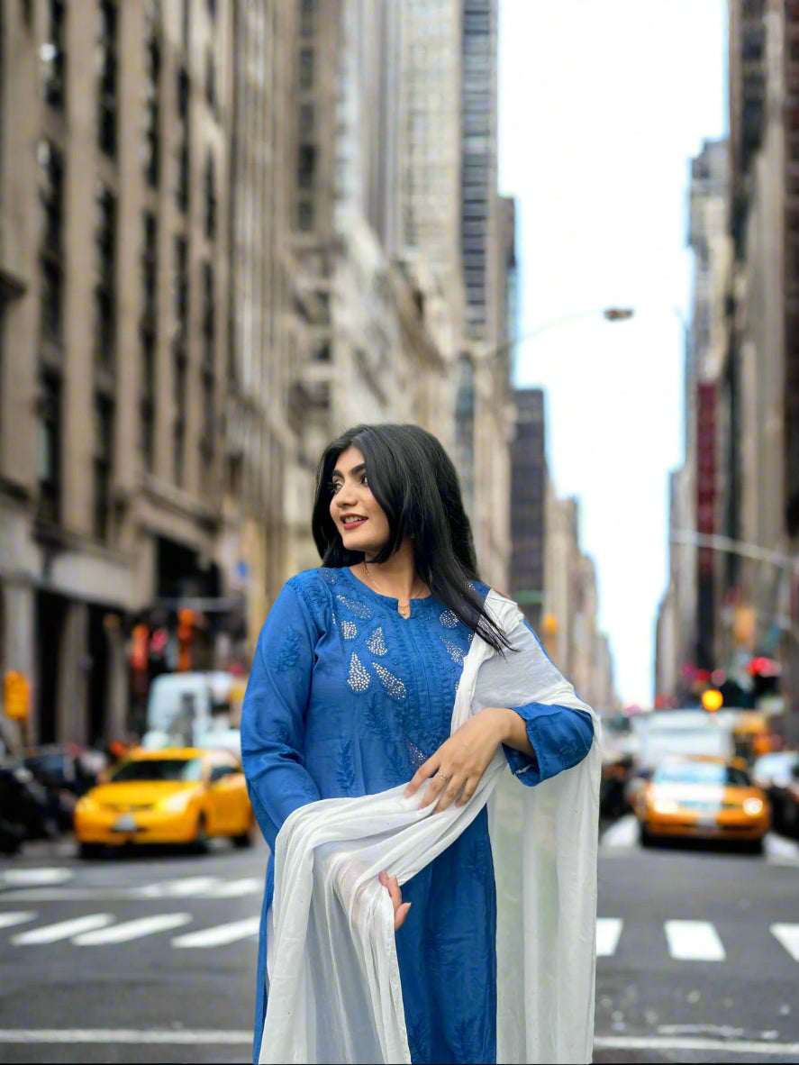 Blue Exquisite Chanderi Suit with Lucknowi Chikankari & Mukaish Work