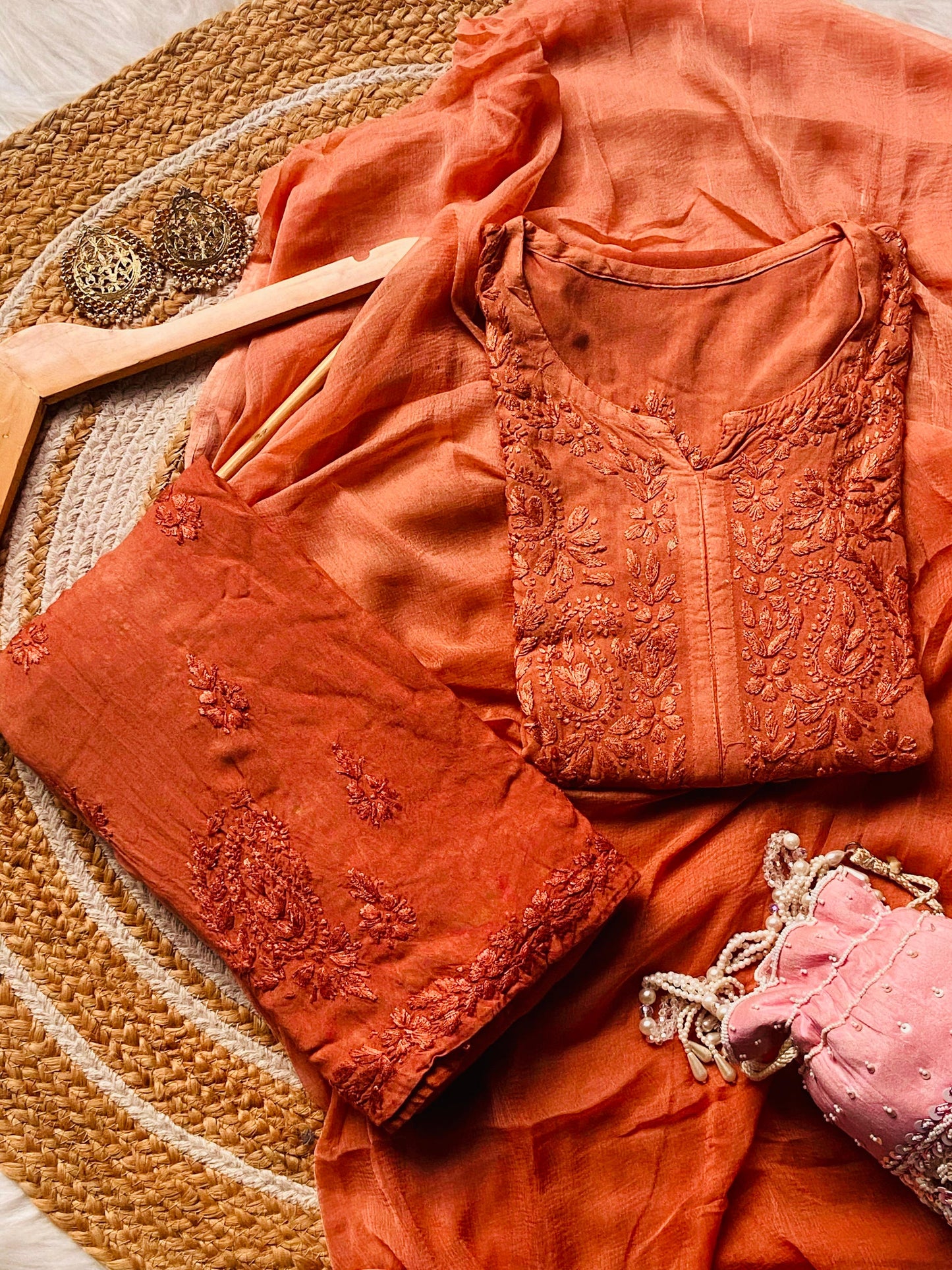 Burnt Orange Color Authentic Handcrafted Lucknowi Chikankari Rayon Kurti & Palazzo Set