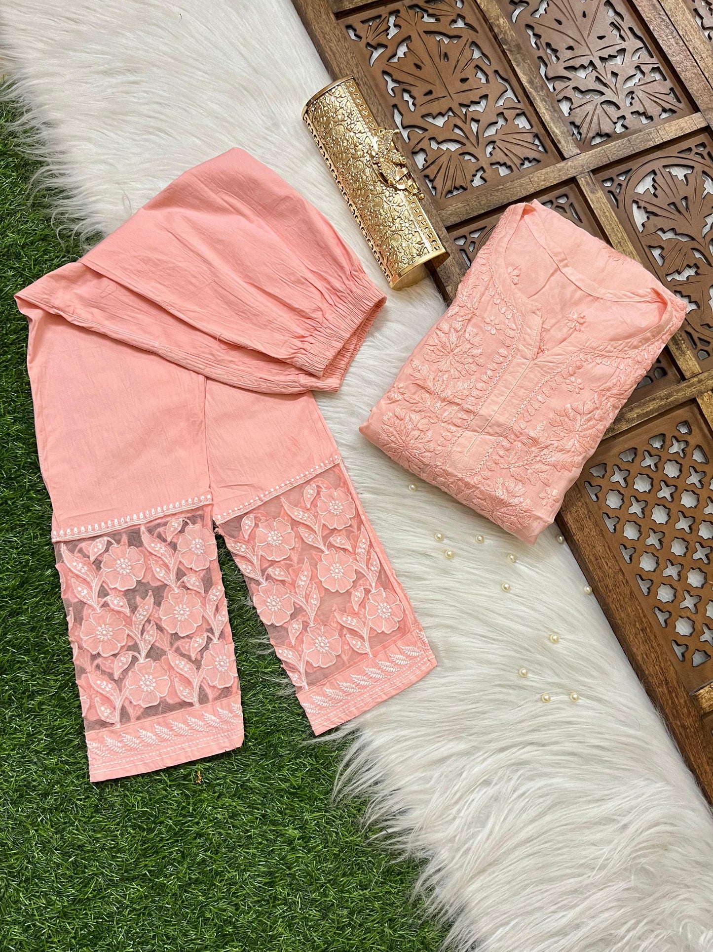 Peach Handcrafted Lucknow Chikankari Muslin Coord Set