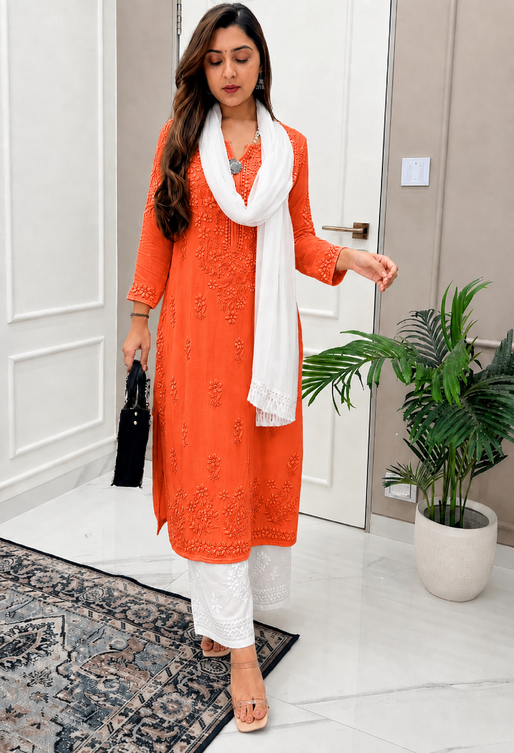 Cosmic Orange and White Ethereal Dyeable Chikankari Kurta Set (Latest)