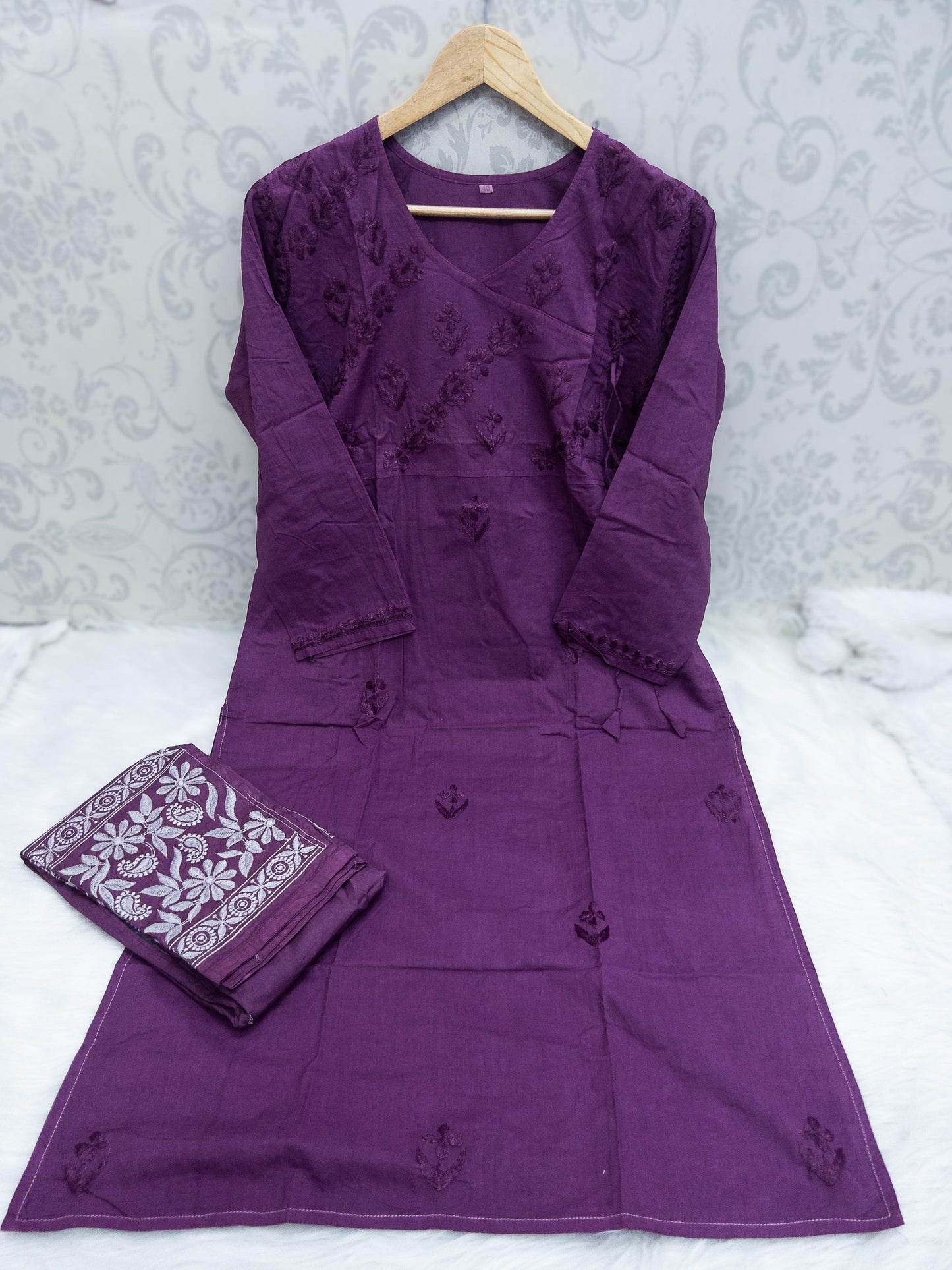 Yellow Handcrafted Mul Cotton Angrakha Chikankari Kurta Set