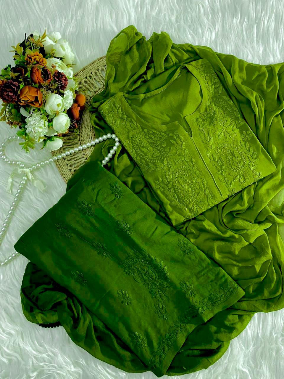 Green Color Authentic Handcrafted Lucknowi Chikankari Rayon Kurti & Palazzo Set