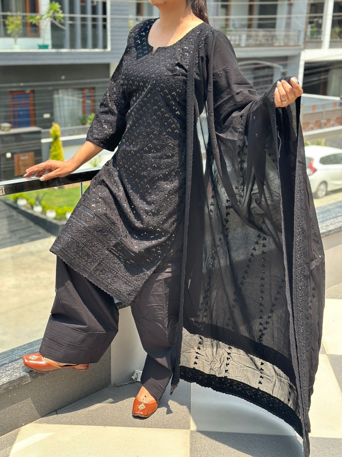 Black Elegant Chikankari Set with Farshi Salwar – Pure Cotton Ensemble