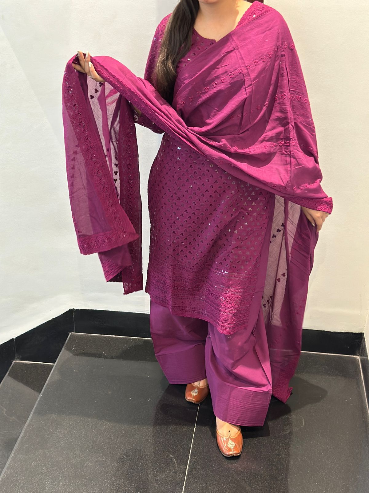 Wine Elegant Chikankari Set with Farshi Salwar – Pure Cotton Ensemble