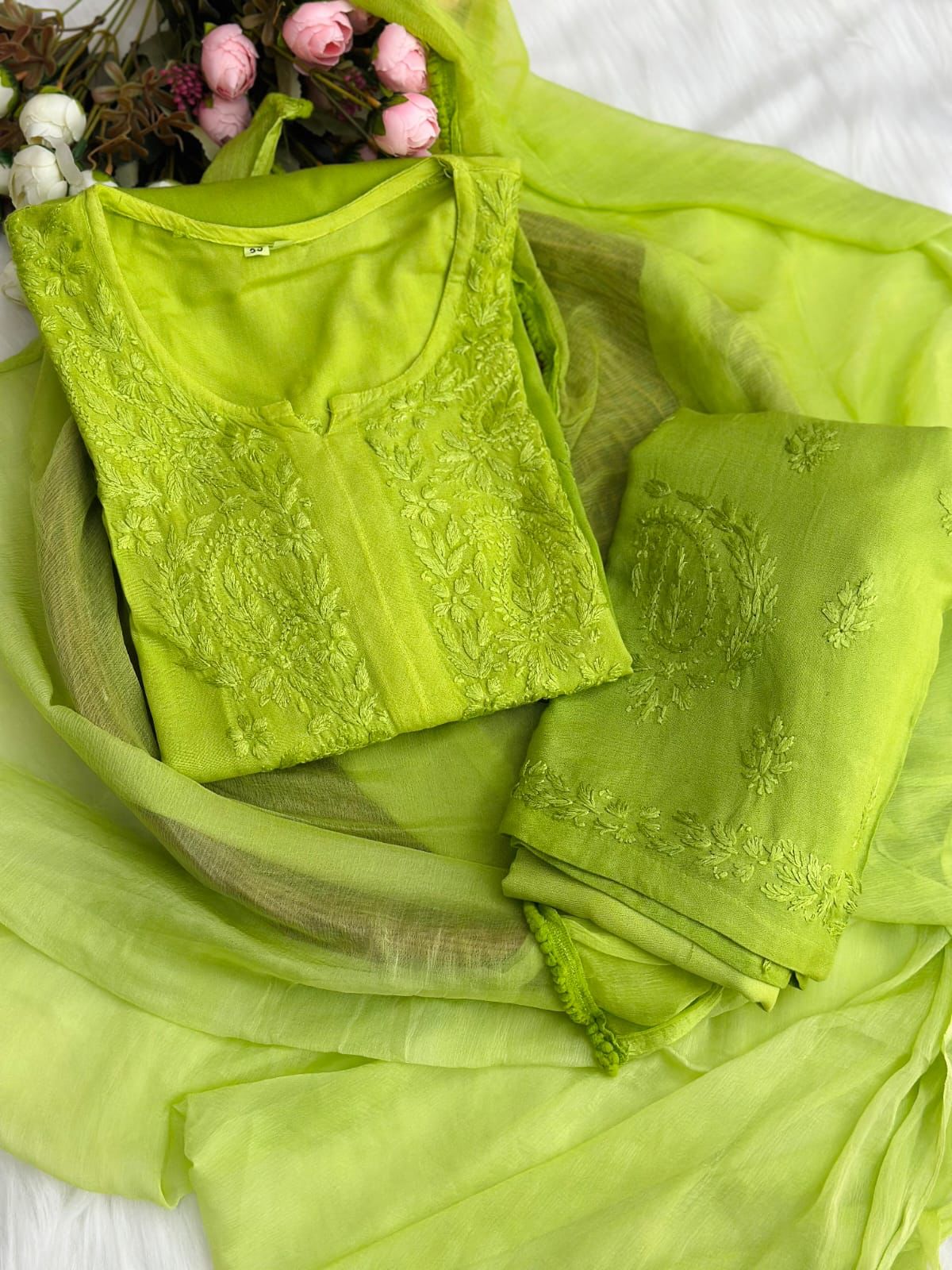 Light Green Color Authentic Handcrafted Lucknowi Chikankari Rayon Kurti & Palazzo Set