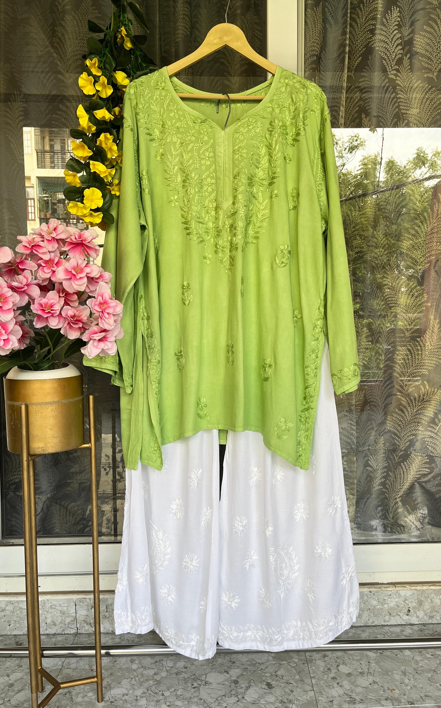 Green Lucknowi Chikankari Plus Size Premium Rayon Short Kurti & Pallazo Set ✨ (Upto 6 XL)