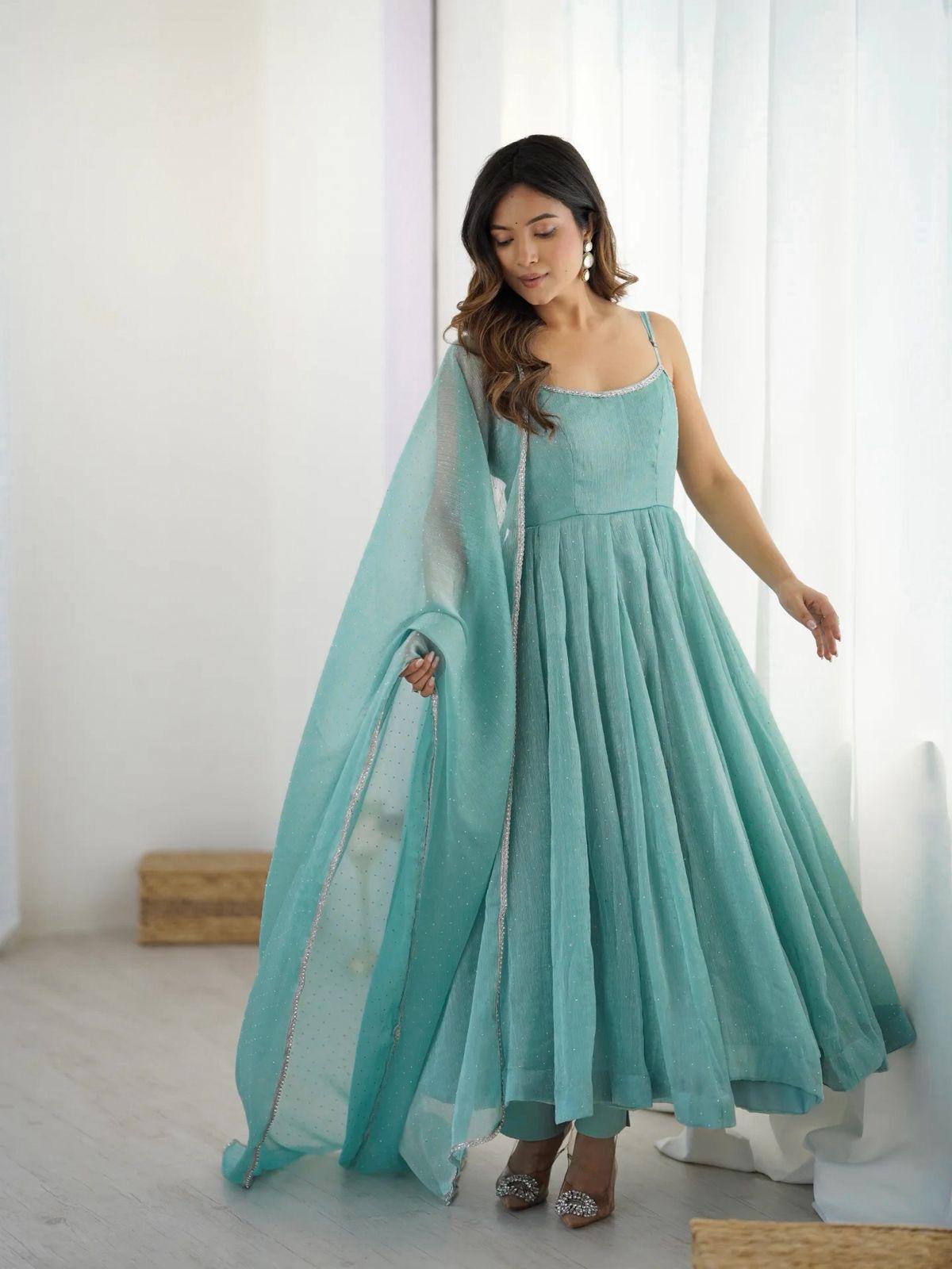 silk anarkali dress Green Sparkling Crystal Work Crunchy Silk Anarkali Suit Set M