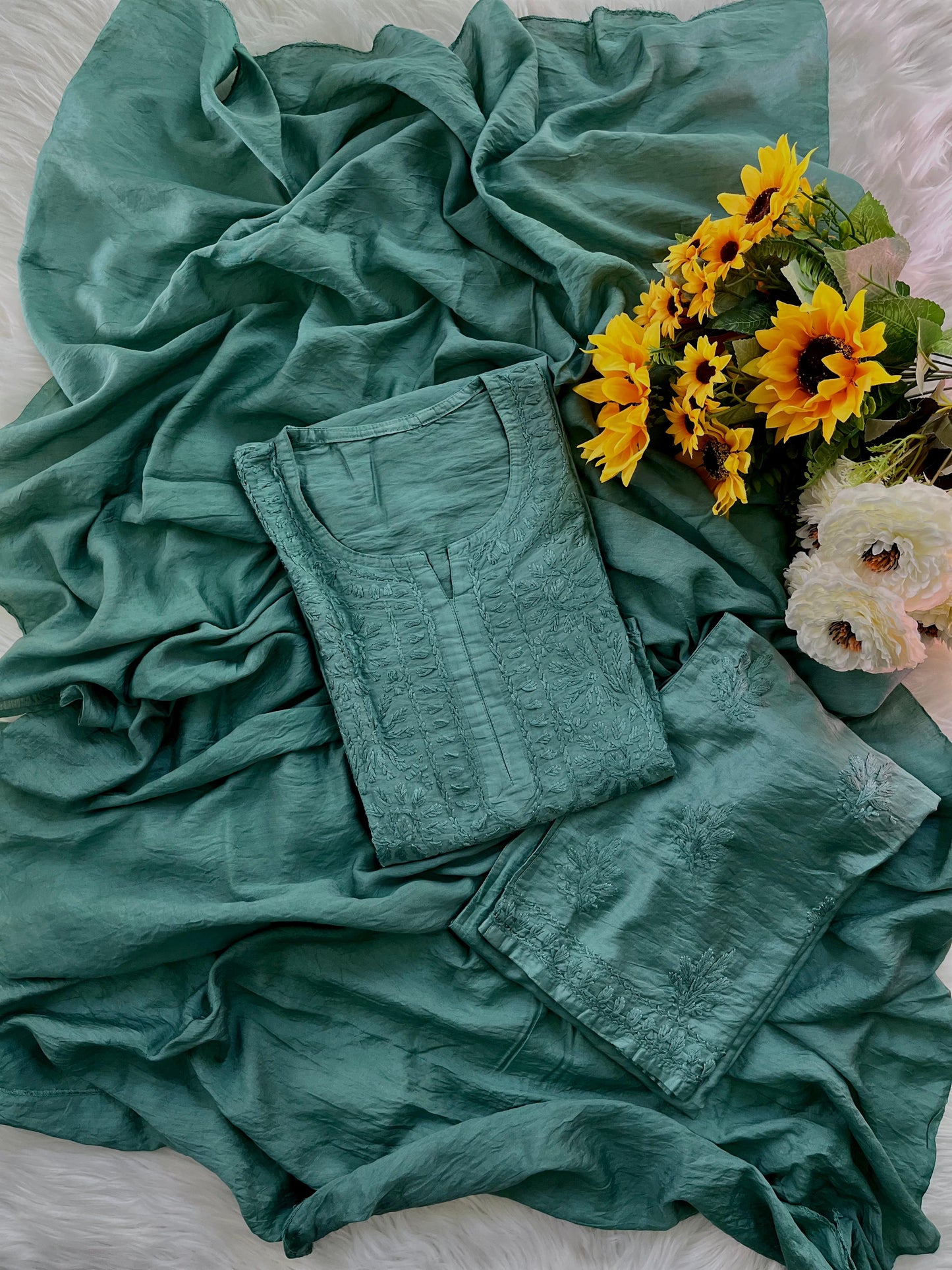 Green Handcrafted Tone-on-Tone Lucknowi Chikankari Chanderi Silk Set