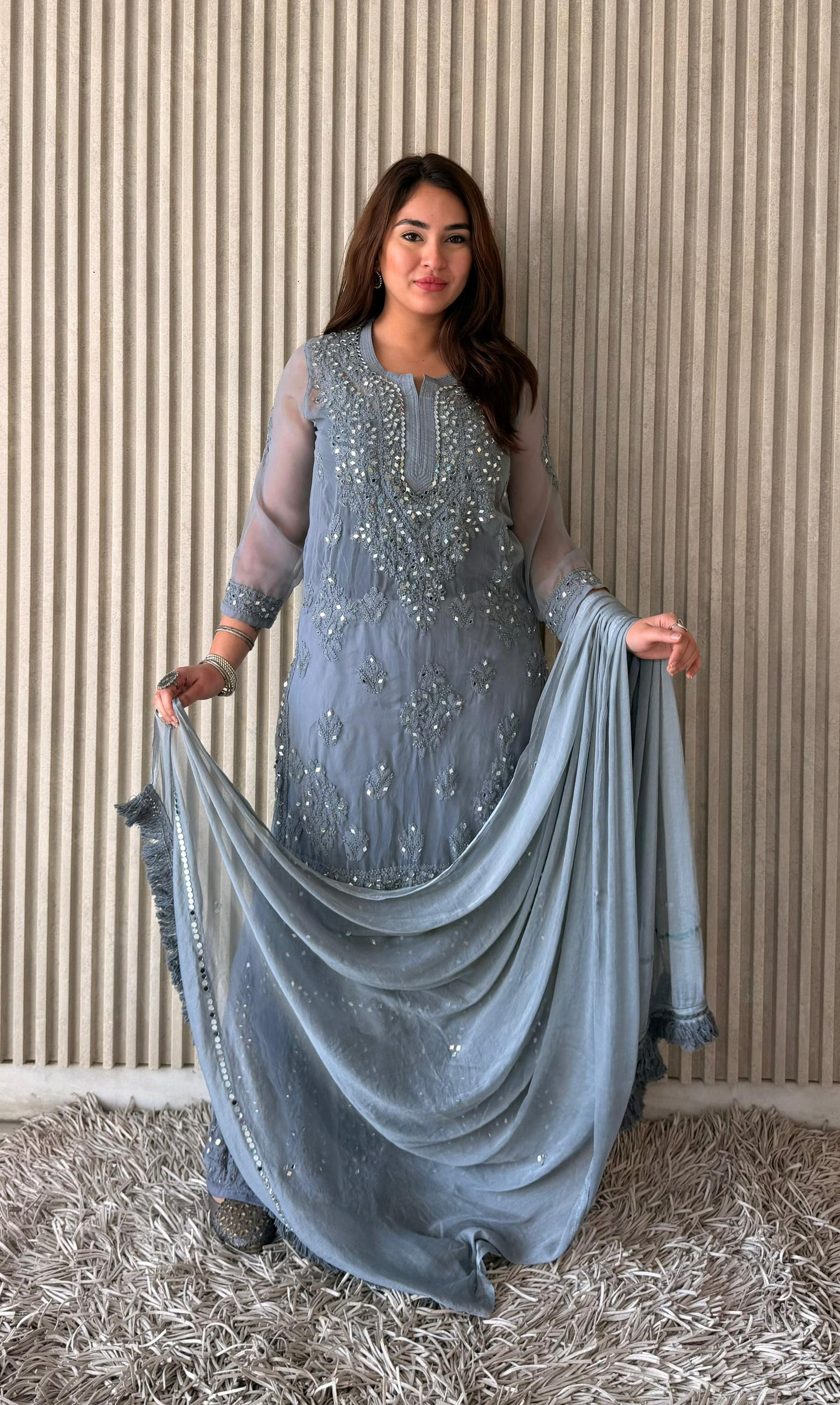 Grey Elegant Chikankari Kurta Sharara Set with Dupatta