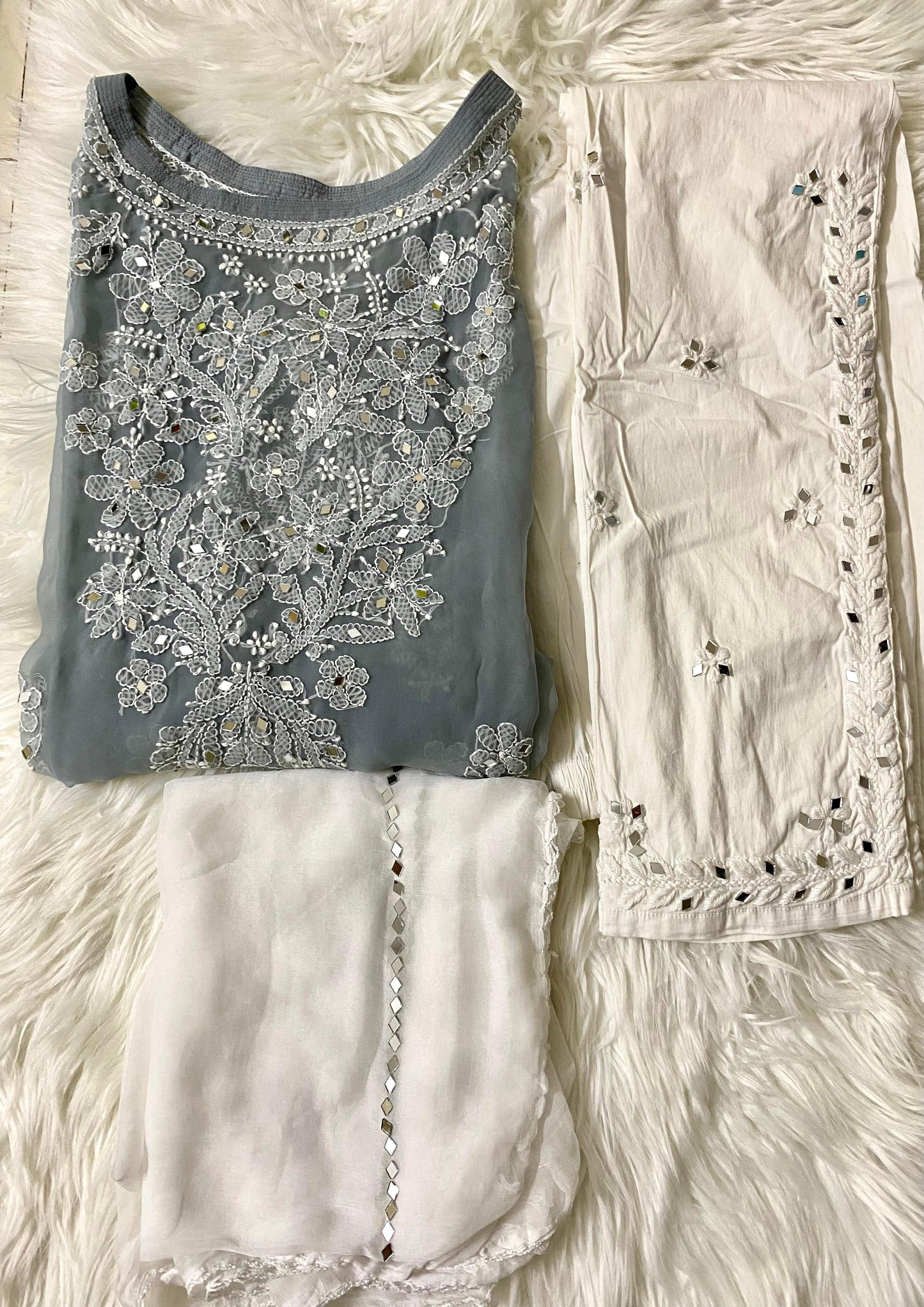 Grey Round Neck Georgette Mirror Gala Booti Chikankari Set with Beautiful Handwork Embroidery (NEW)