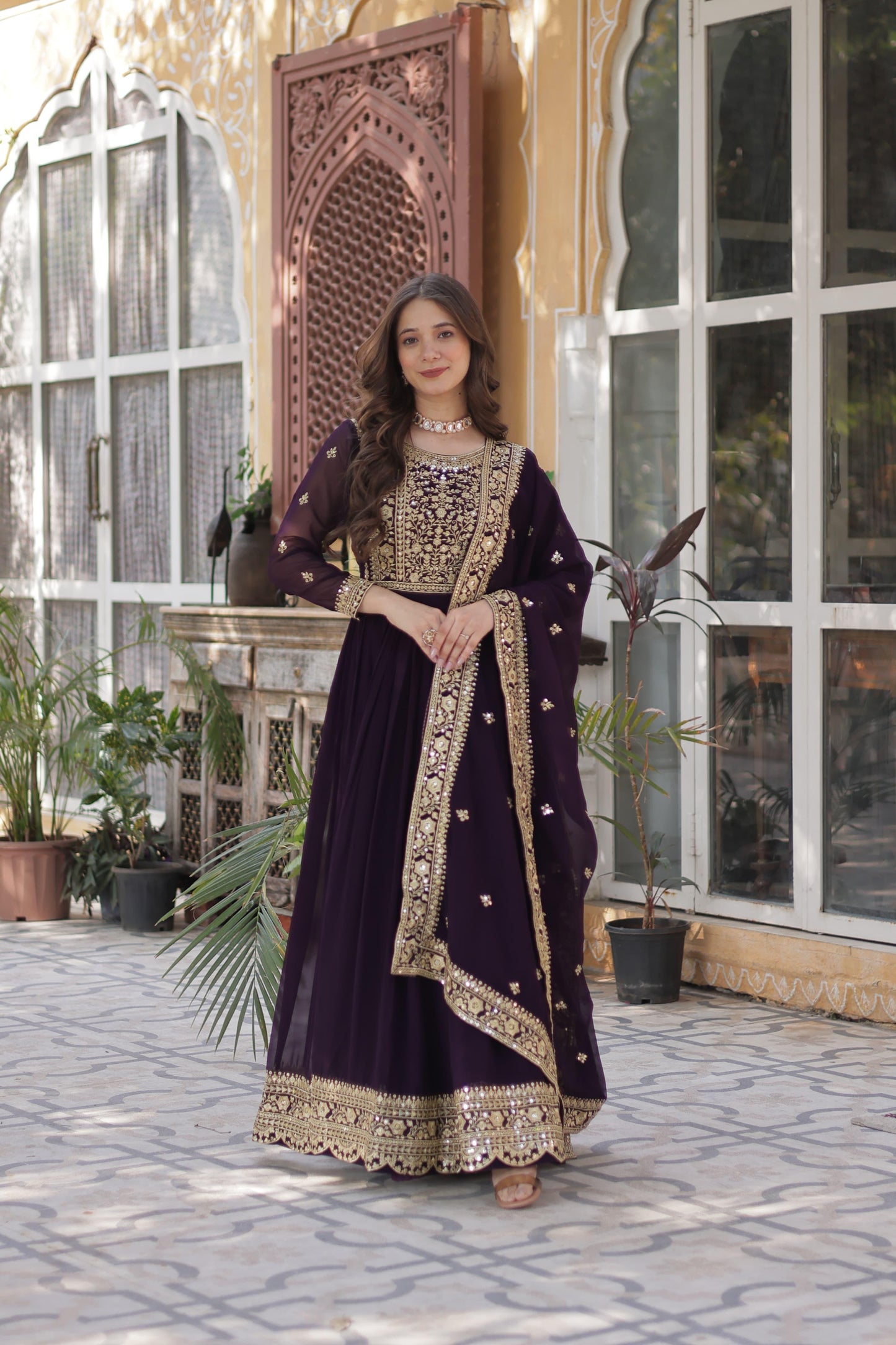 Wine Color Stunning Party Wear Anarkali Gown with Zari Sequins Work & Dupatta