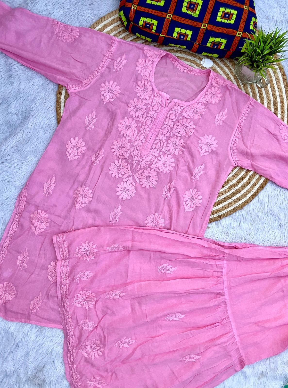 Pink 3D Work Modal Gharara Set | Lucknow Chikankari Kurta