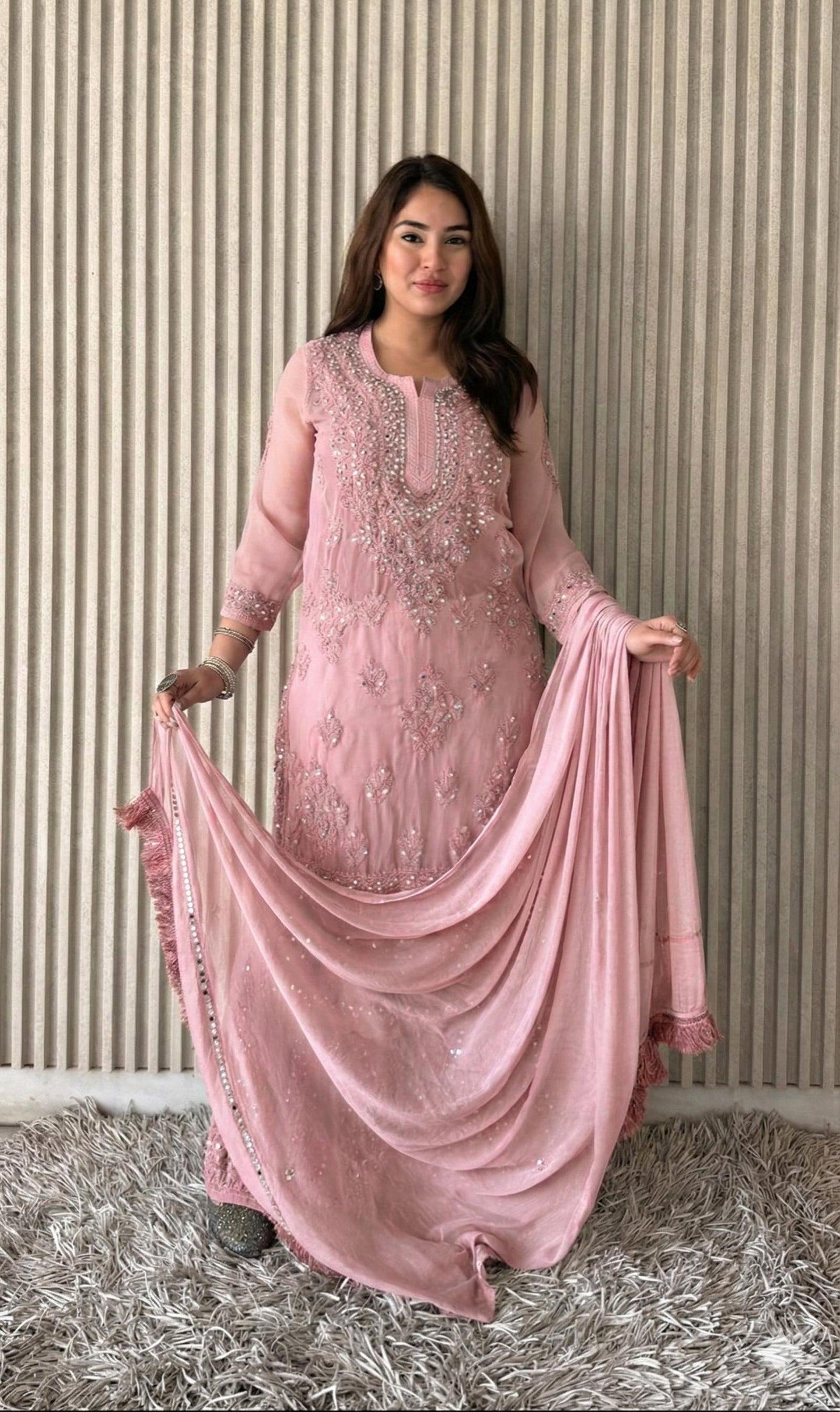 Light Pink Elegant Chikankari Kurta Sharara Set with Dupatta