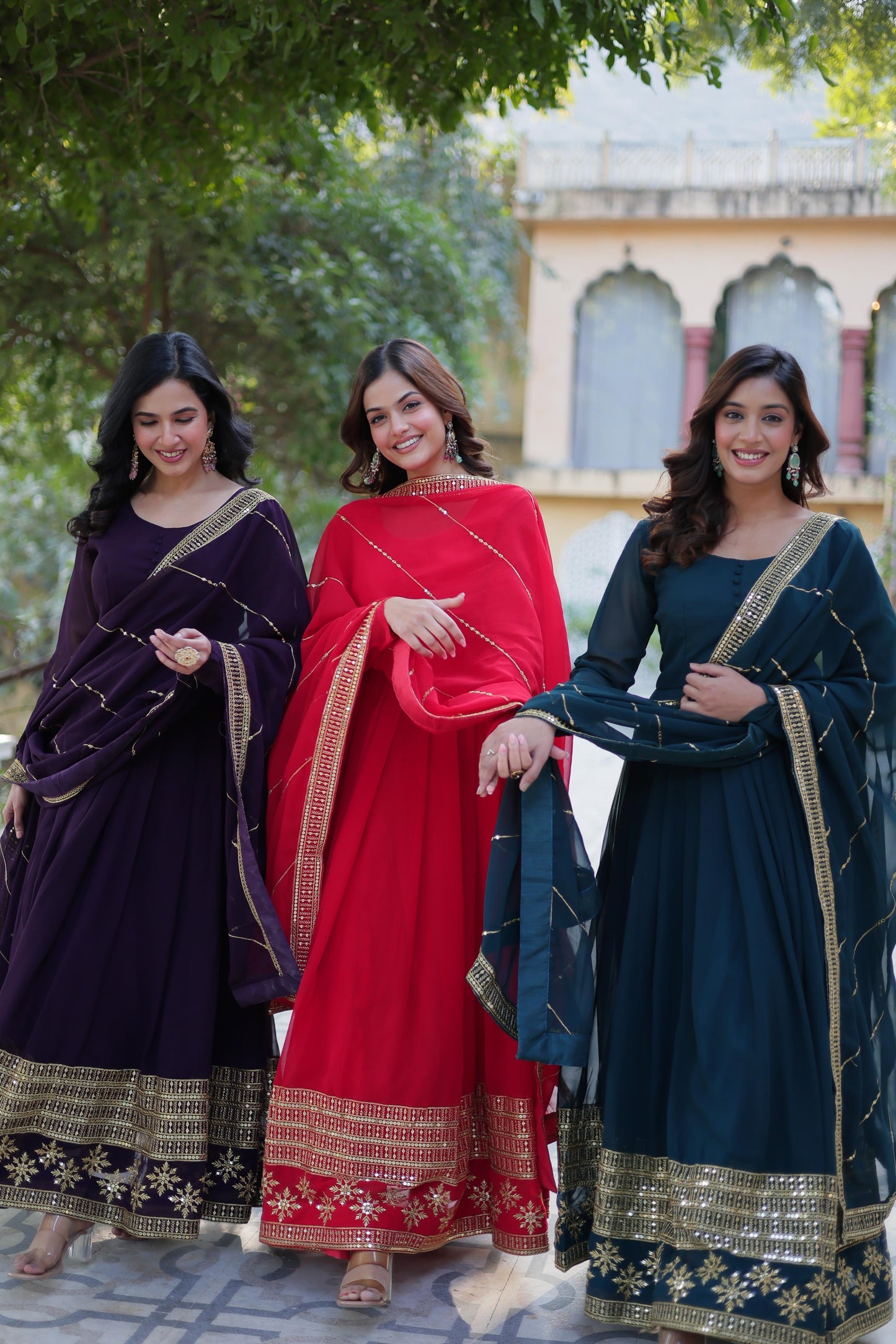 Dark Purple Embroidered Faux Blooming Indian Gown with Dupatta