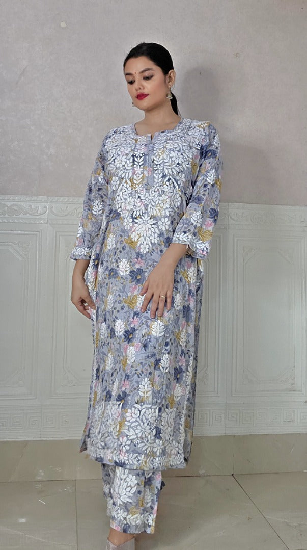 Grey Plus Size Mulmul Printed Lucknowi Chikankari Kurta Set - Up to 5XL