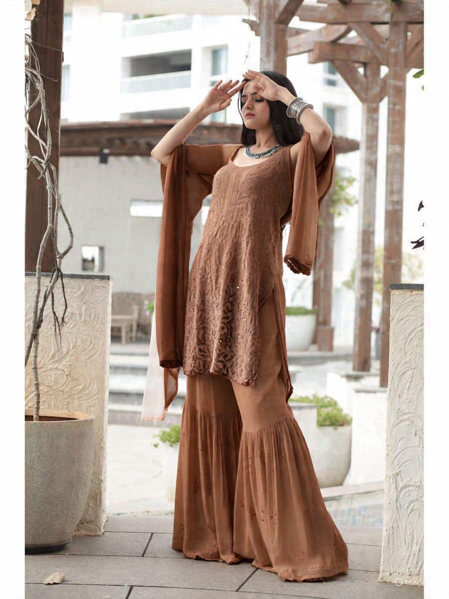 Brown Handcrafted Lucknow Chikankari Strappy Gharara Set (New)