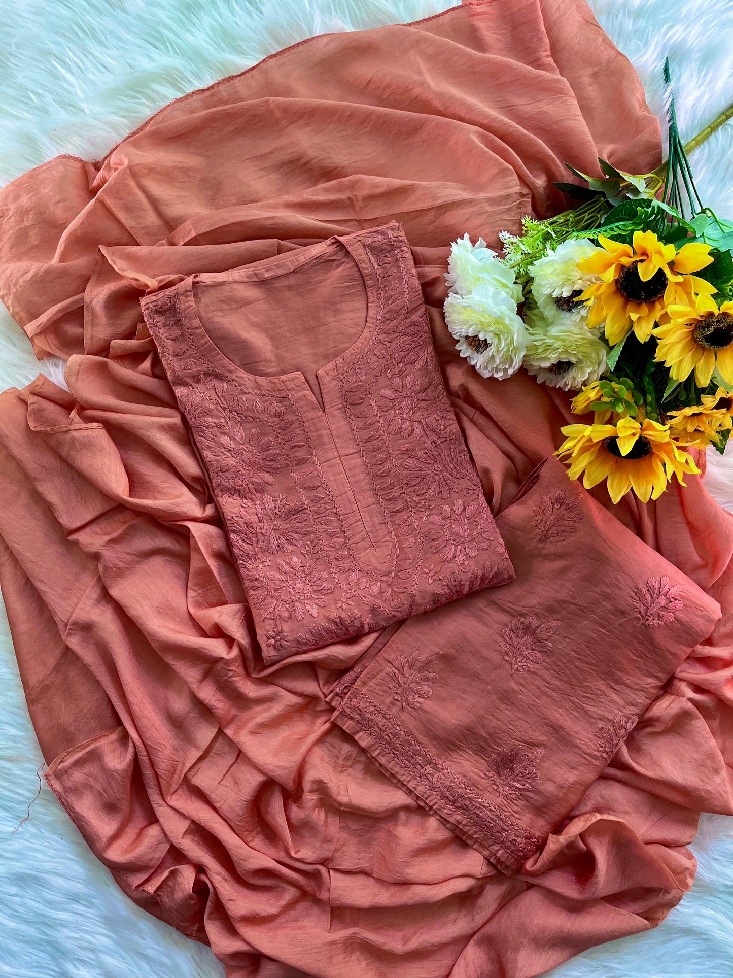 Peach Handcrafted Tone-on-Tone Lucknowi Chikankari Chanderi Silk Set