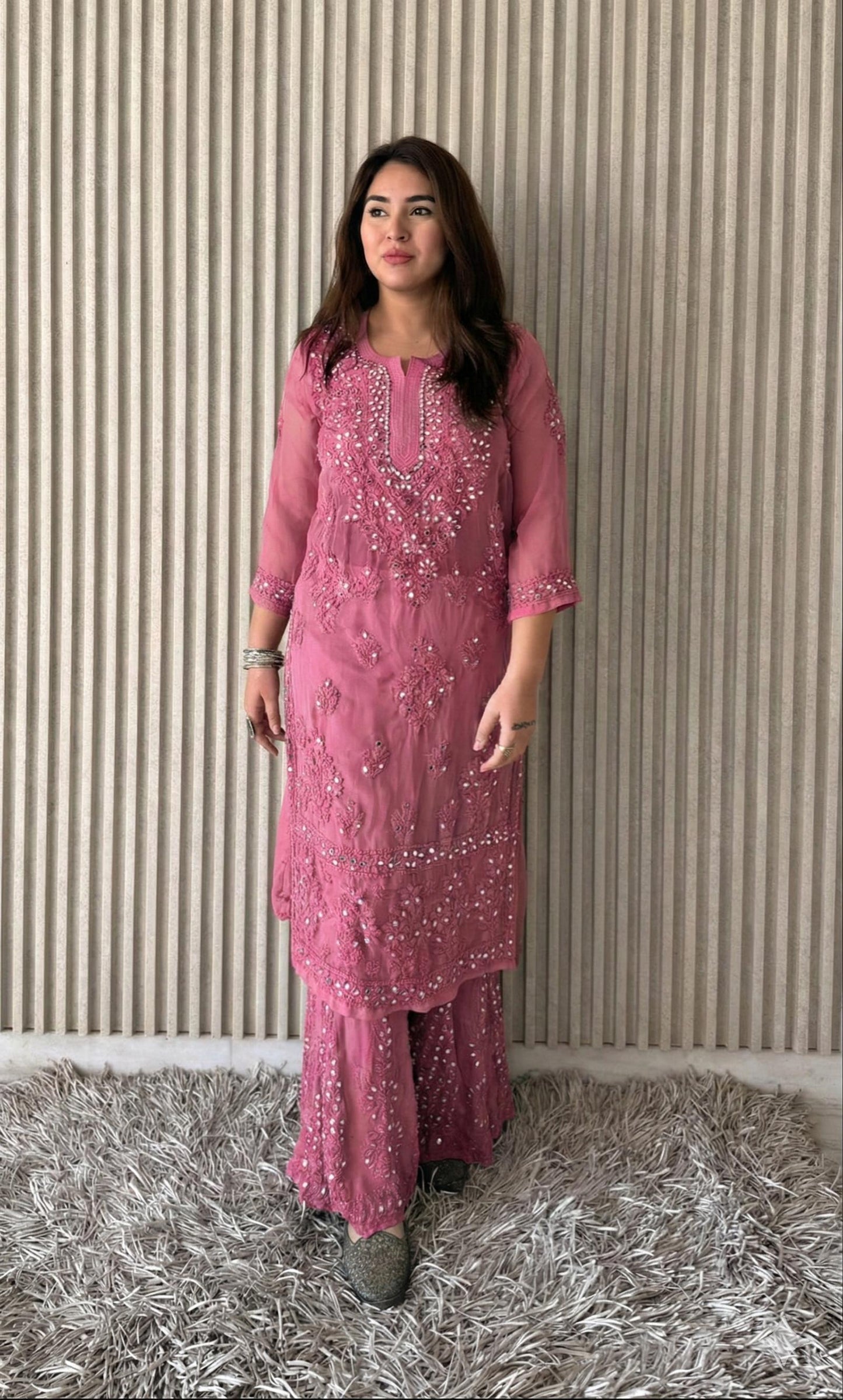 Pink Elegant Chikankari Kurta Sharara Set with Dupatta