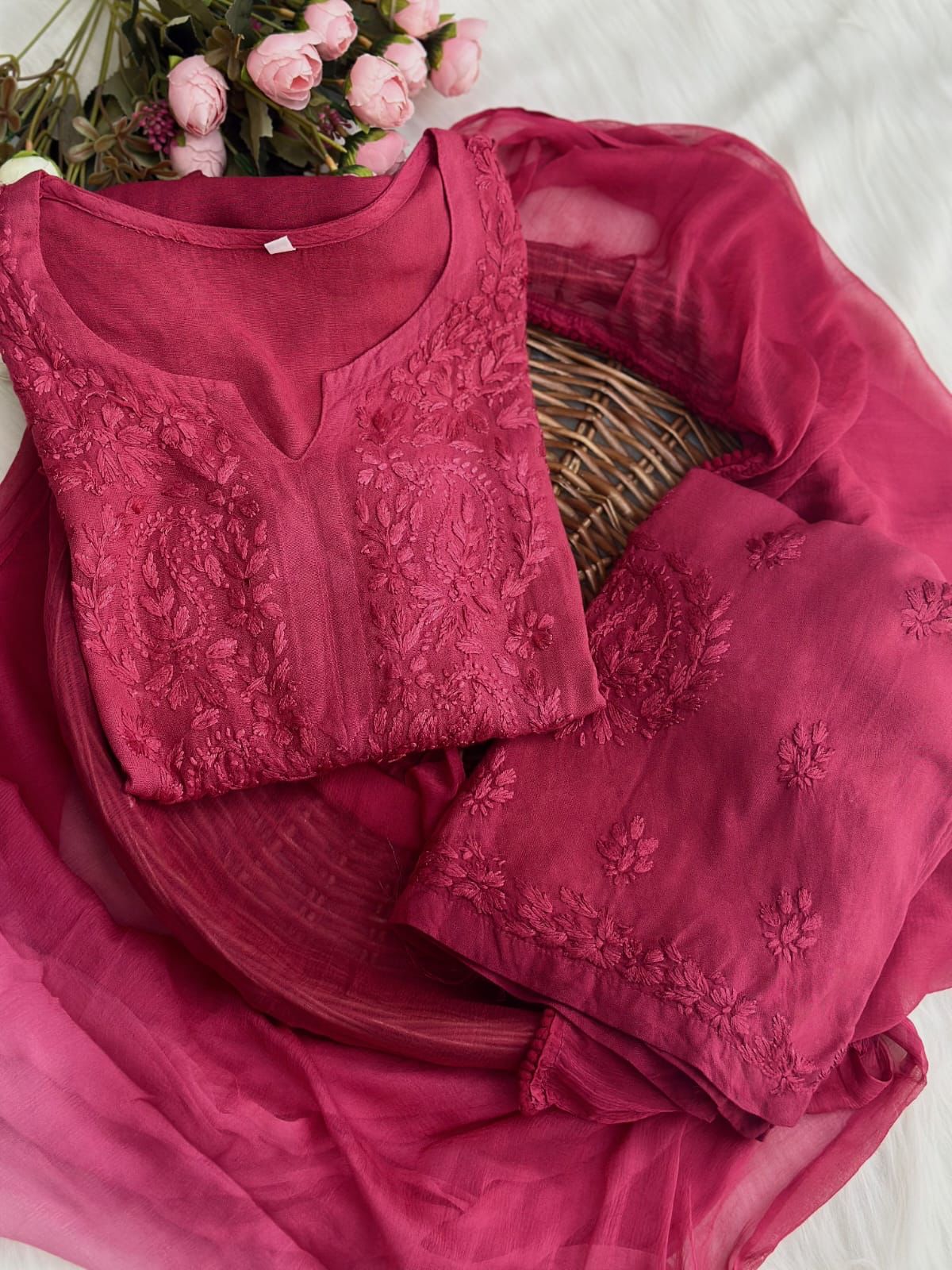 Pink Authentic Handcrafted Lucknowi Chikankari Rayon Kurti & Palazzo Set