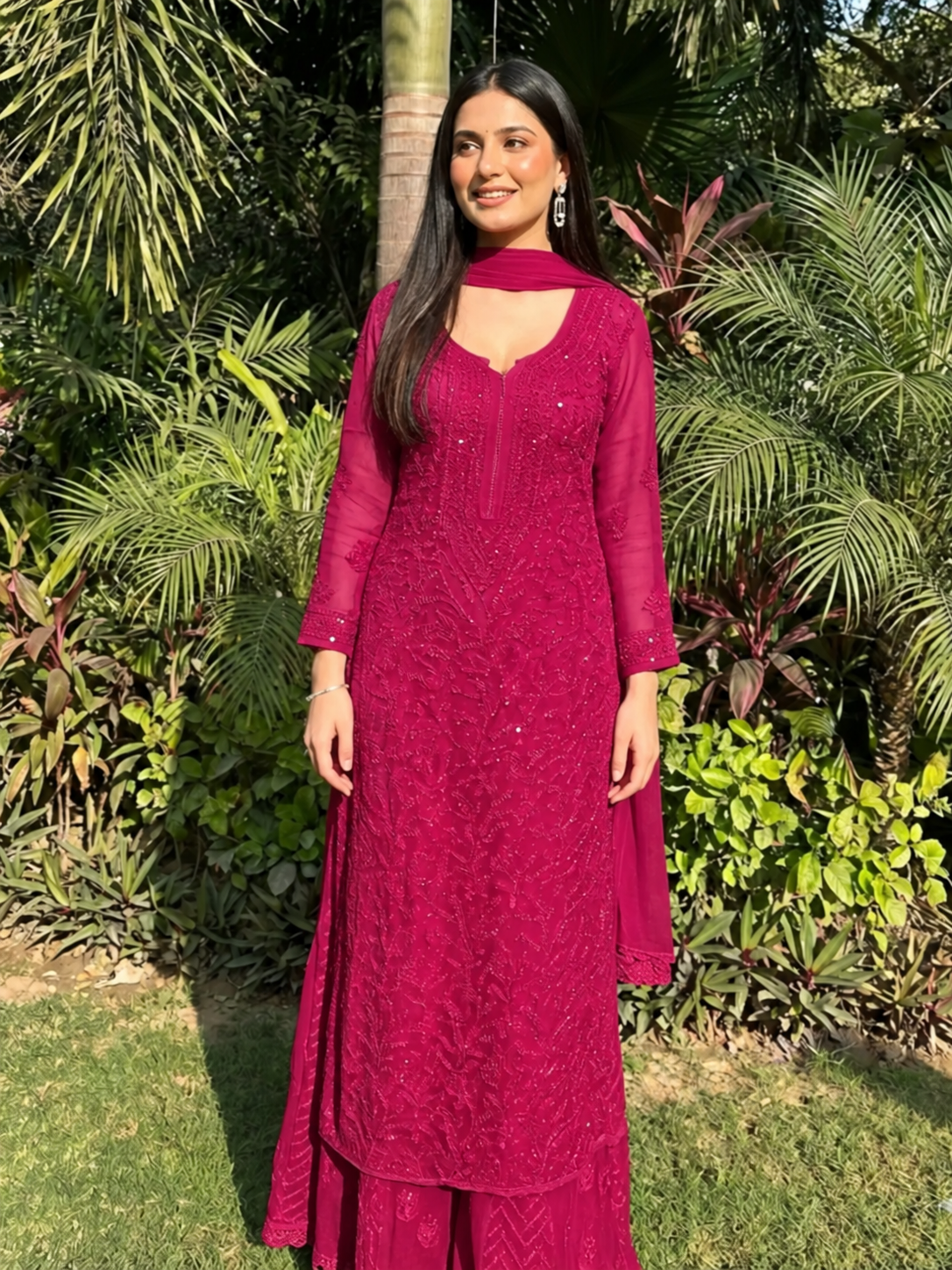 Pure Viscose Raspberry Pink Full Jaal Mukaish Kurta Set (NEW)