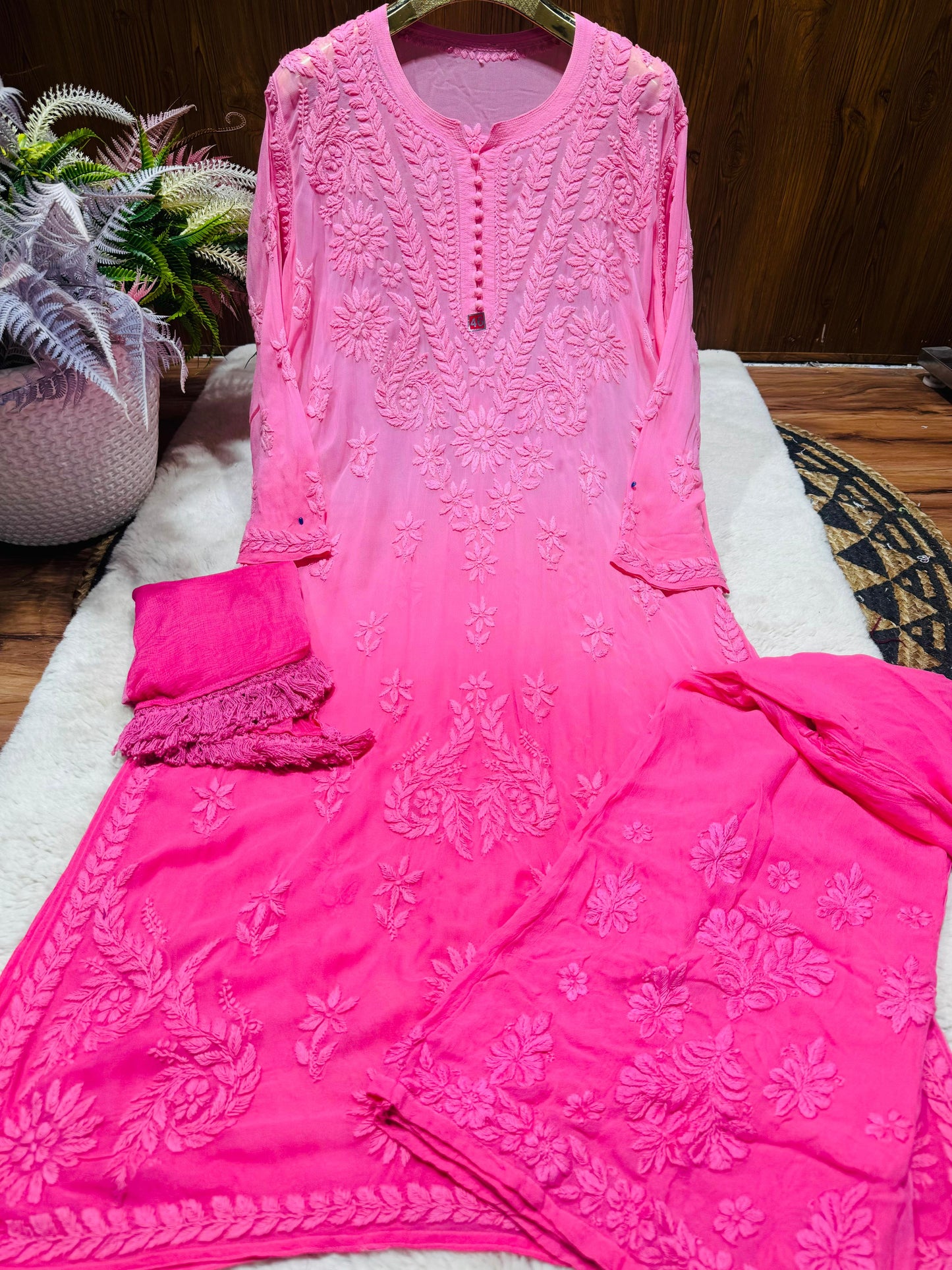 Pink Elegant Lucknow Chikankari Kurta Set with Palazzo & Dupatta