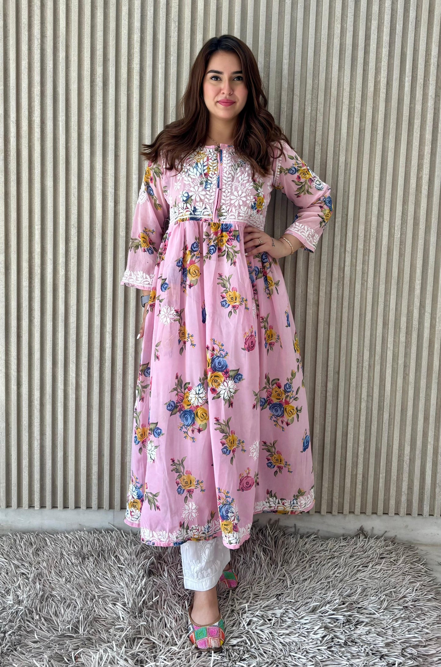 Light Pink Georgette Printed Gown with Chikankari Handwork & Embroidered Pant | Plus Sizes Available