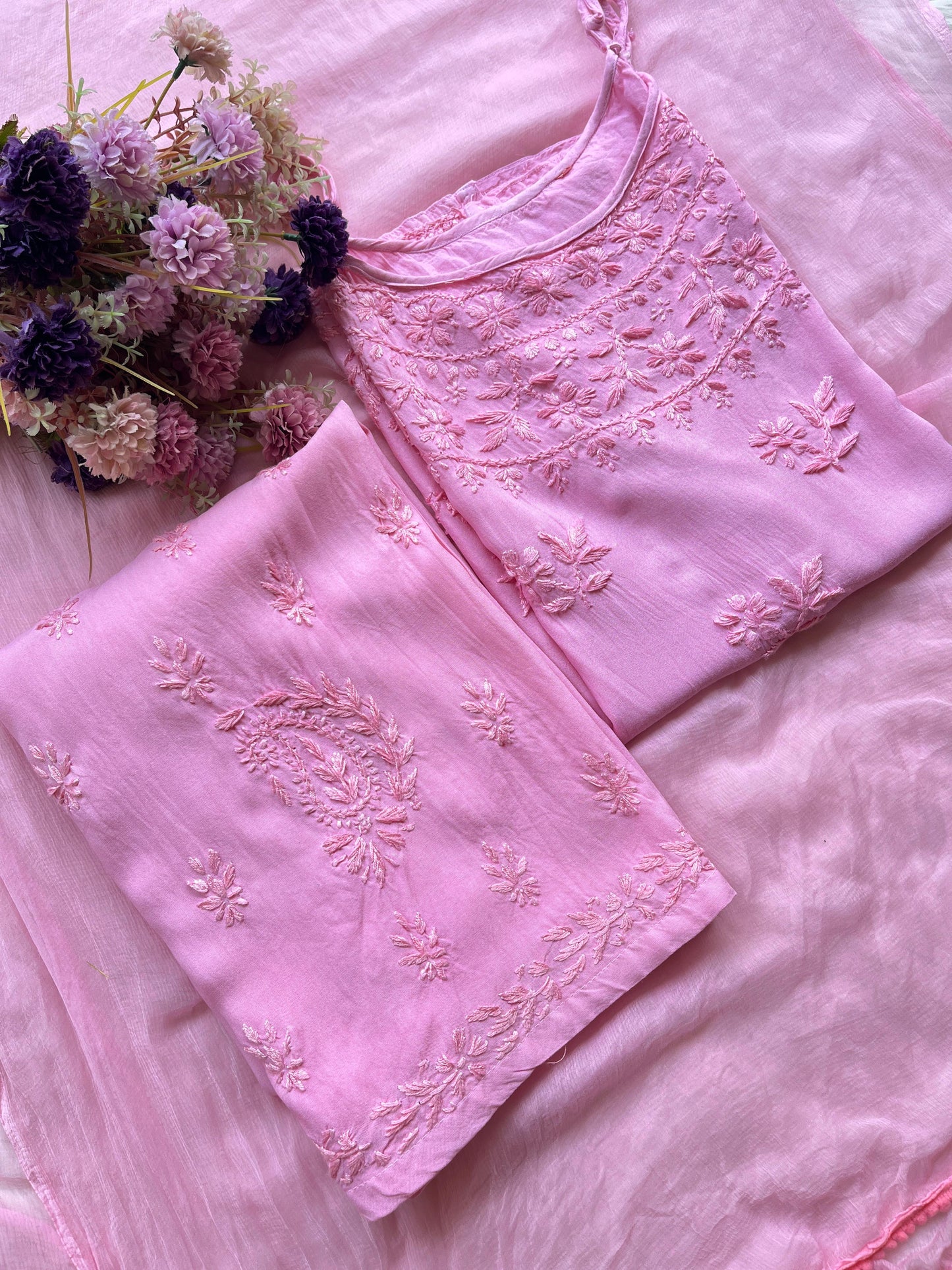 Pink Handcrafted Lucknow Chikankari Noodle Strap Kurti with Plazo & Dupatta Set