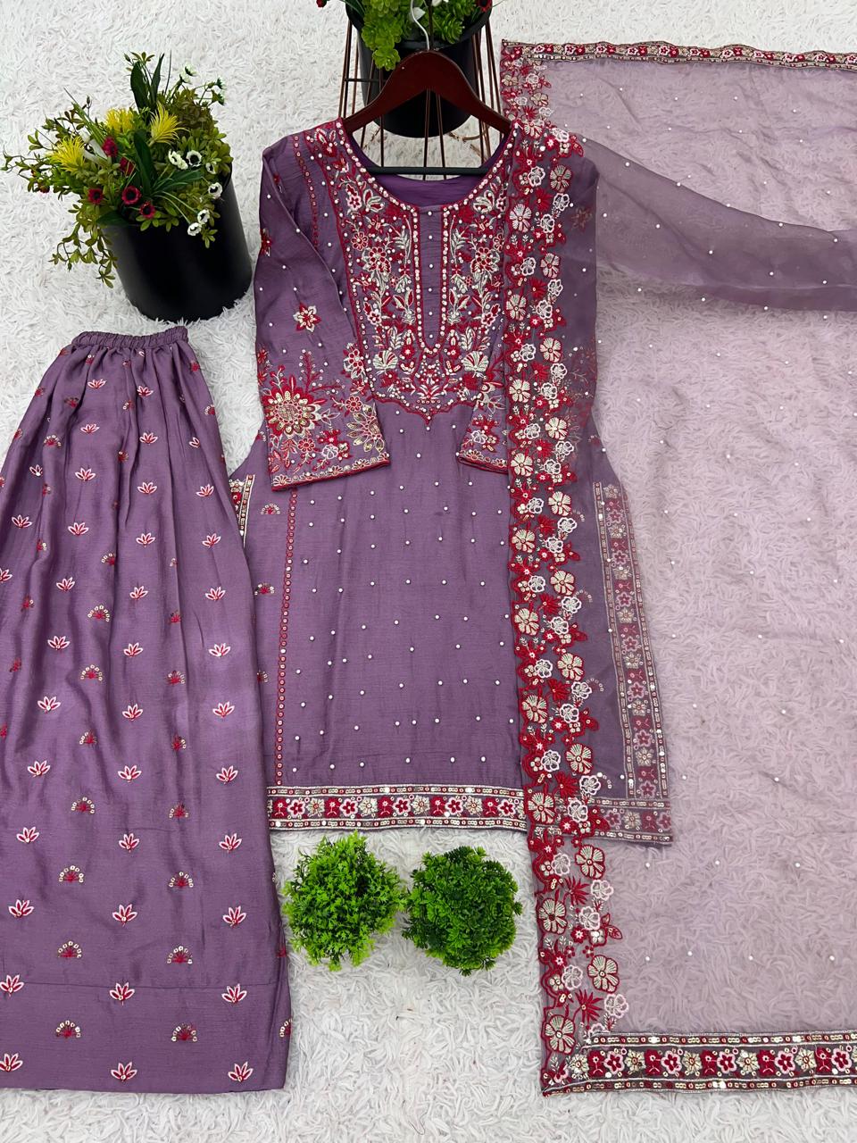 Purple Embroidered Chinnon Silk Top & Sharara Set with Dupatta – Ready to Wear