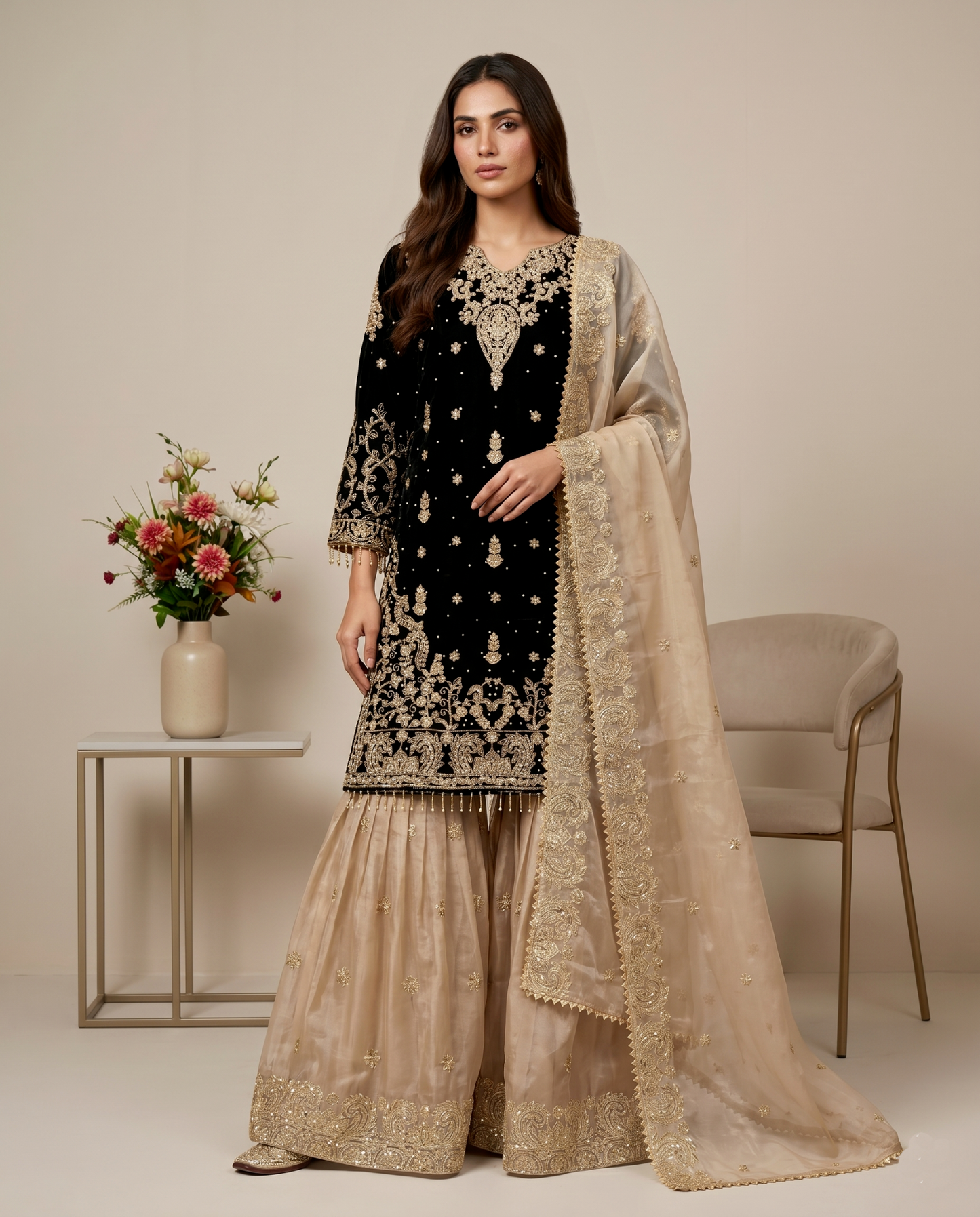 Elegant Designer Black Beige Salwar Suit