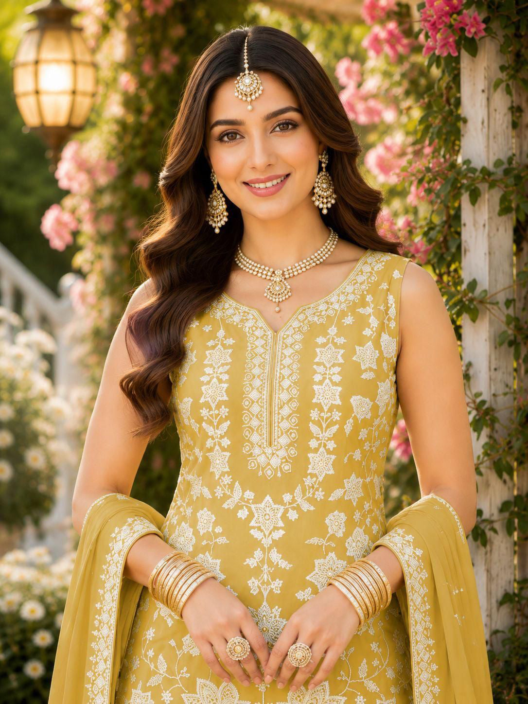 Yellow designer chiffon salwar suit styled on model